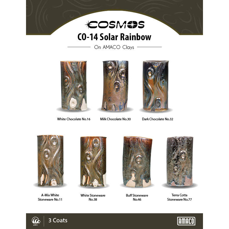 Cosmos CO-14 Solar Rainbow On AMACO Clays. White Chocolate No. 16, Milk Chocolate No. 30, Dark Chocolate No. 32, A-Mix White Stoneware No. 11, White Stoneware No. 38, Buff Stoneware No. 46, Terra Cotta Stoneware No. 88, 3 Coats.