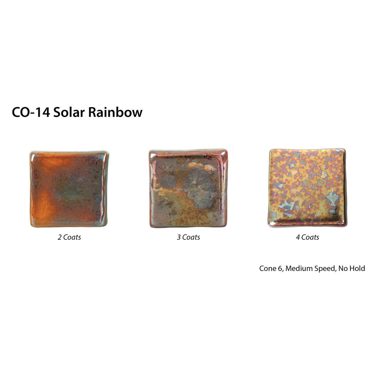 CO-14 Solar Rainbow. 2 Coats. 3 Coats. 4 Coats. Cone 5, Medium Speed, No Hold.