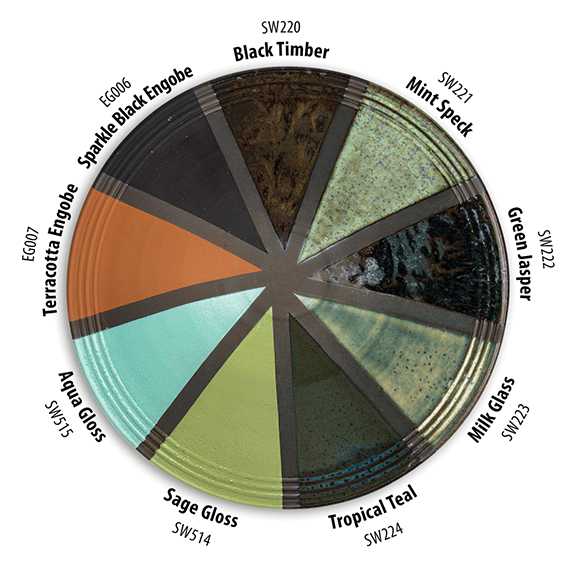 Mayco Stoneware Engobe - coatings on dark brown clay, fired to Cone 6 reduction