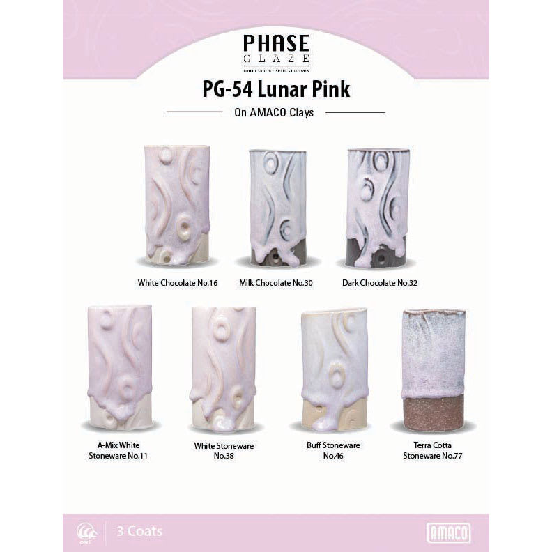 Phase Glaze. PG-54 Lunar Pink On AMACO Clays. White Chocolate No. 16, Milk Chocolate No. 30, Dark Chocolate No. 32, A-Mix White Stoneware No. 11, White Stoneware No. 38, Buff Stoneware No. 46, Terra Cotta Stoneware No. 77. 3 Coats.