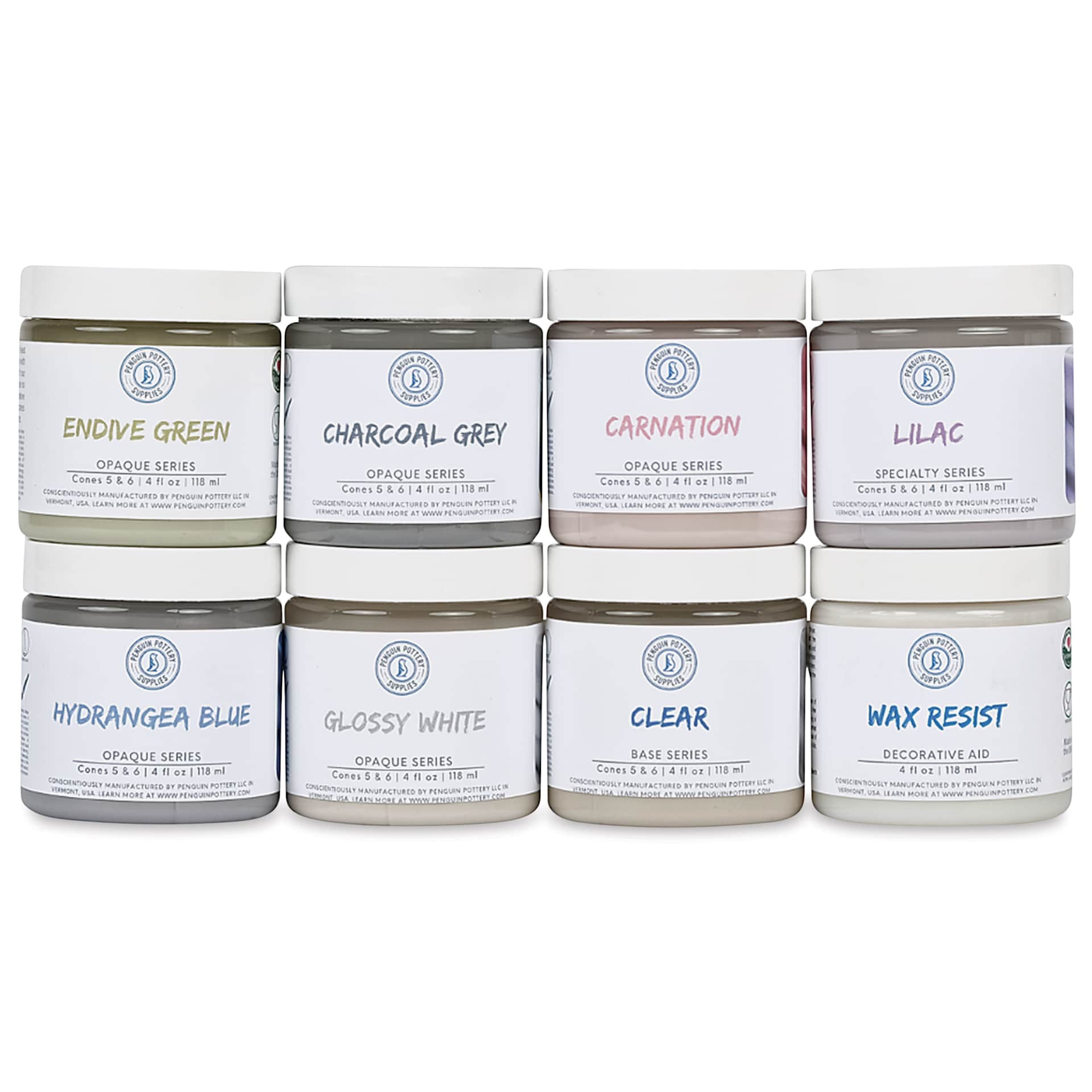 Penguin Pottery Opaque Series Mid-Fire Glaze - Set of 8, 4 oz Jars