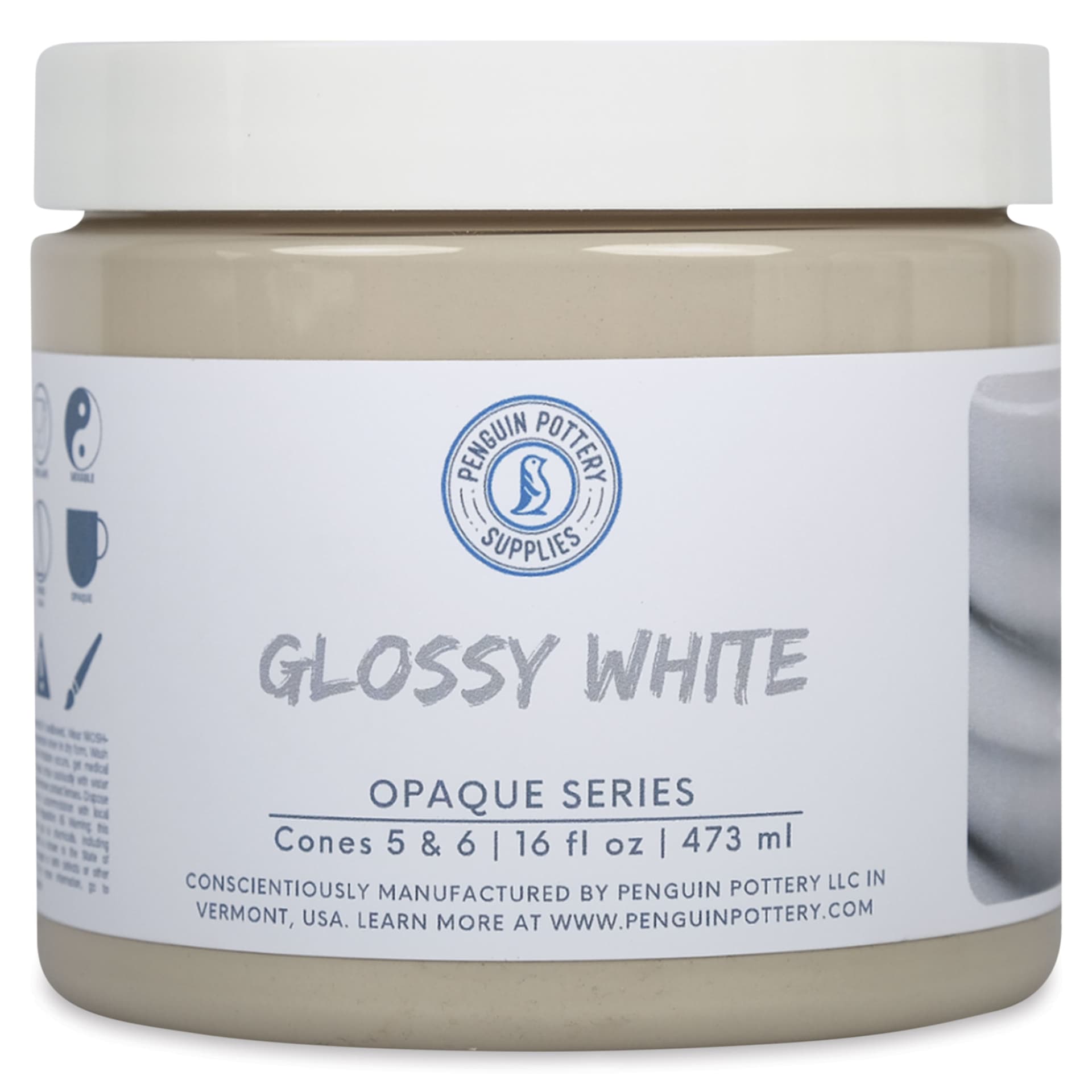 Penguin Pottery Opaque Series Mid-Fire Glaze - White, 16 oz Jar