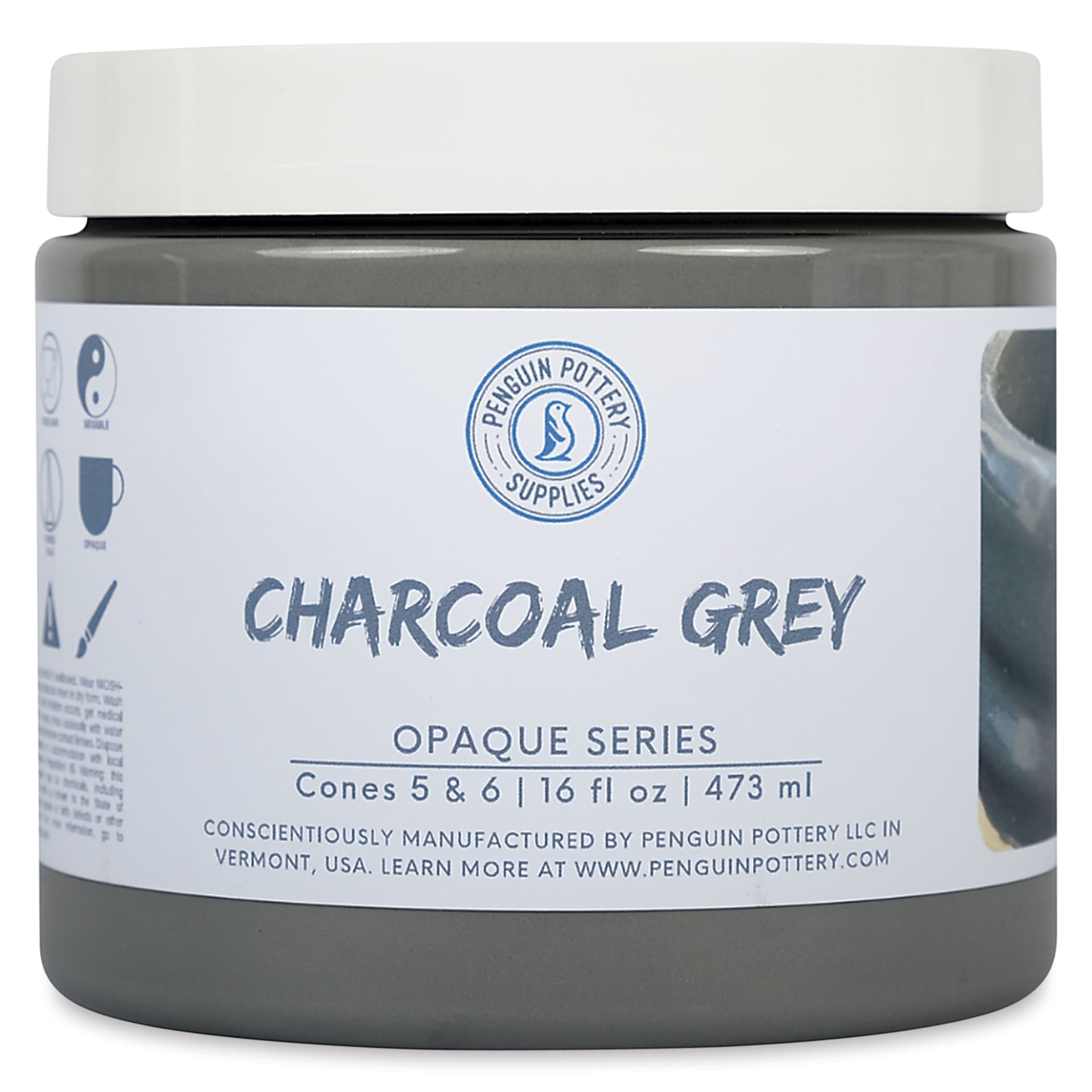 Penguin Pottery Opaque Series Mid-Fire Glaze - Charcoal Grey, 16 oz Jar