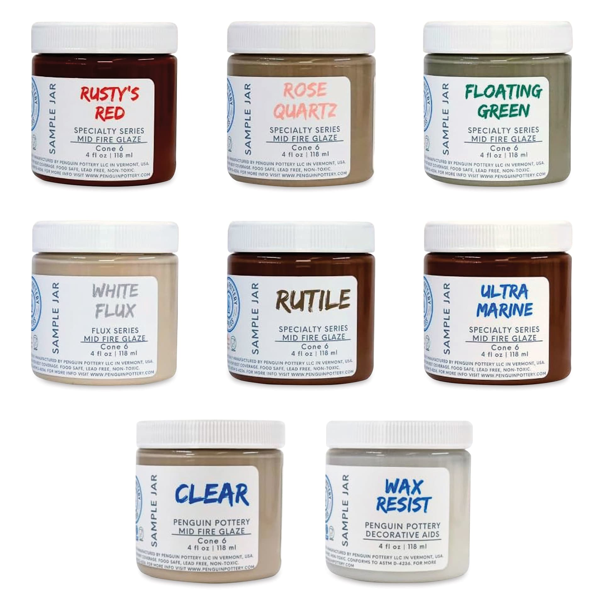 Penguin Pottery Specialty Series Mid-Fire Glazes - Set 1, Set of 8, 4 oz Jars