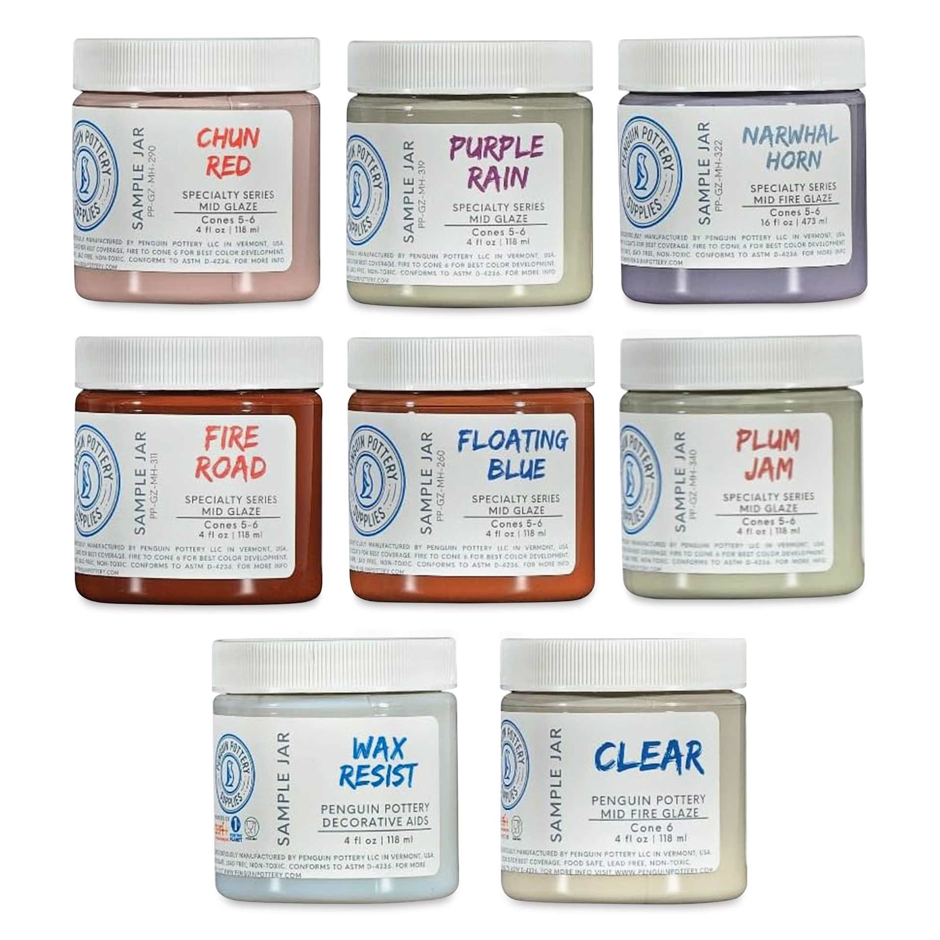 Penguin Pottery Specialty Series Mid-Fire Glazes - Set 2, Set of 8, 4 oz Jars
