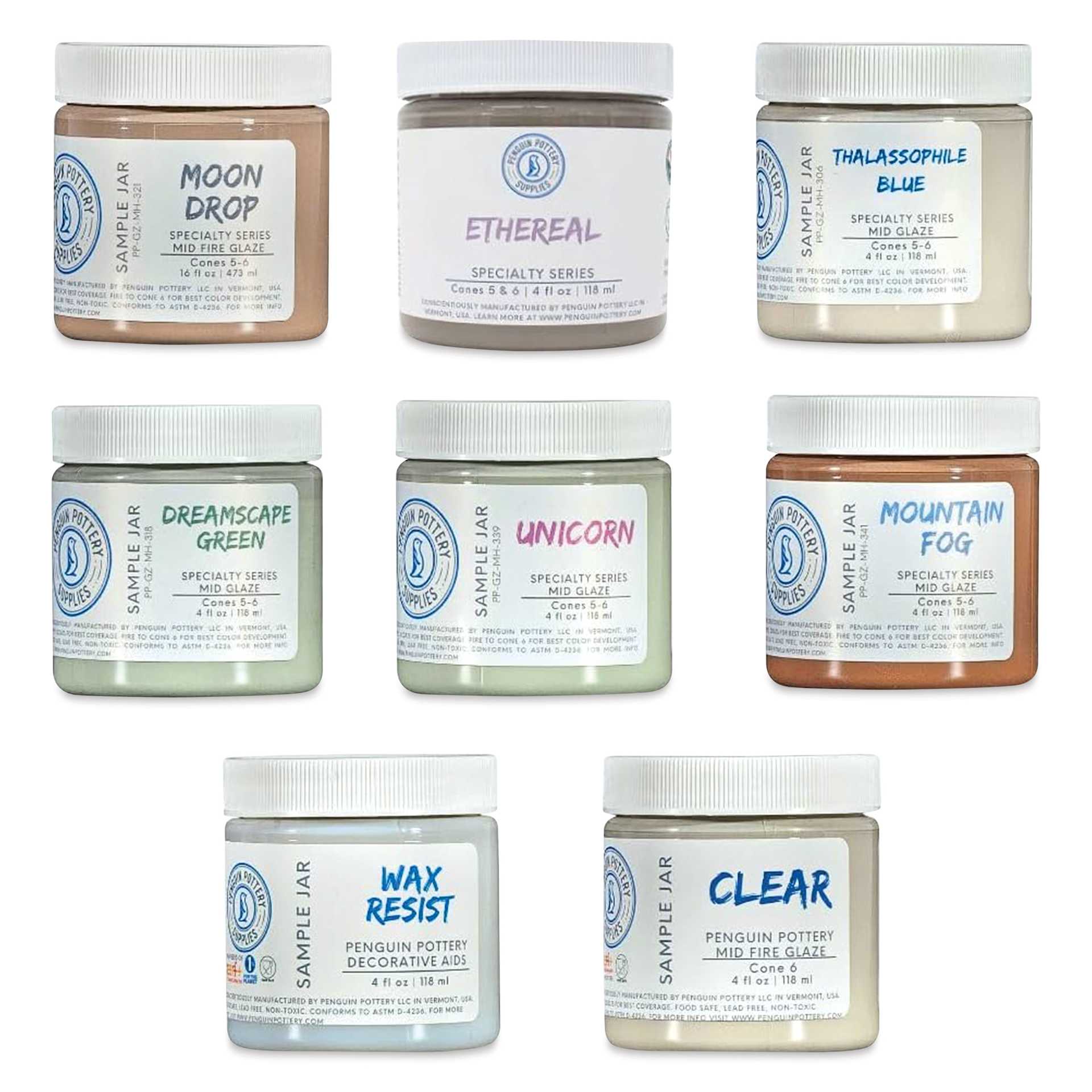 Penguin Pottery Specialty Series Mid-Fire Glazes - Set 3, Set of 8, 4 oz Jars