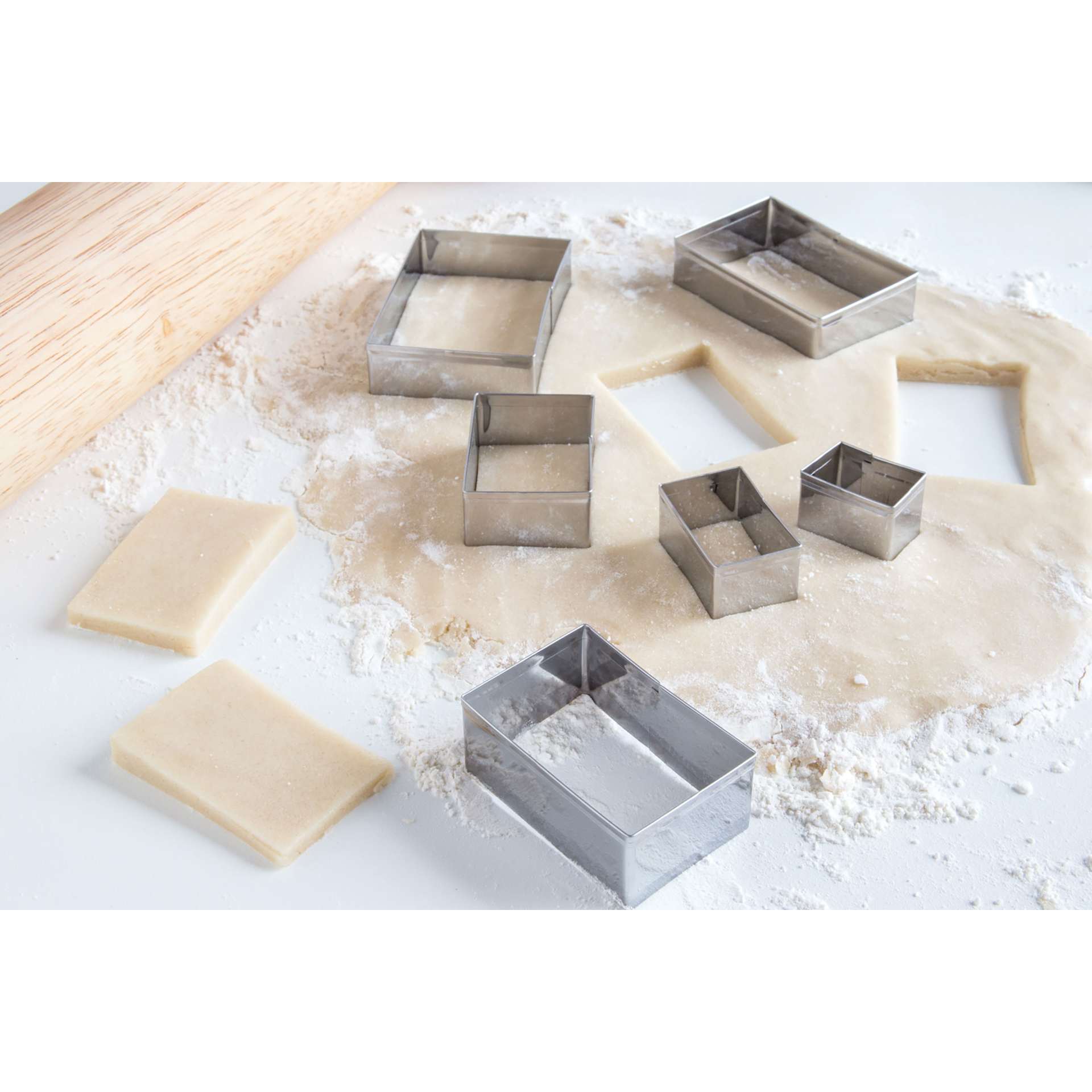 Fox Run Stainless Steel Cookie Cutters - Set of 6, Rectangles cutting dough