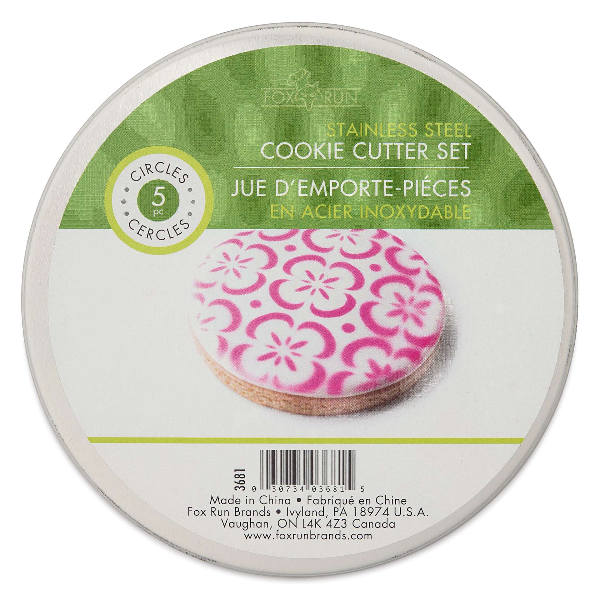 Fox Run Stainless Steel Cookie Cutters - Set of 5, Circles front of packaging