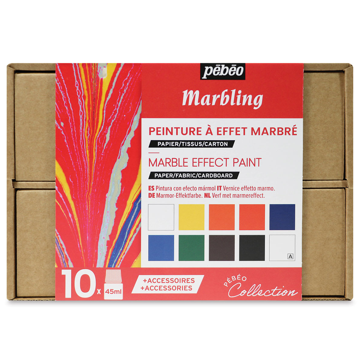 Pebeo Marbling Paint Set - Collection Case, Set of 10, Assorted Colors, 45 ml, Bottle (Front of packaging)