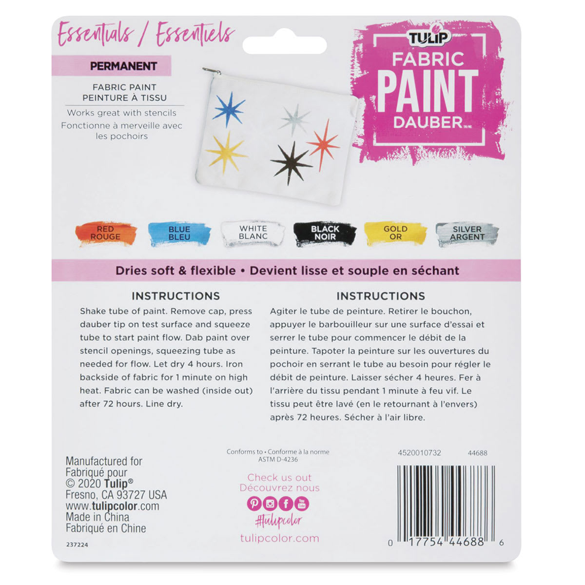 Tulip Fabric Paint Daubers - Set of 6, Assorted Colors (Back of packaging)