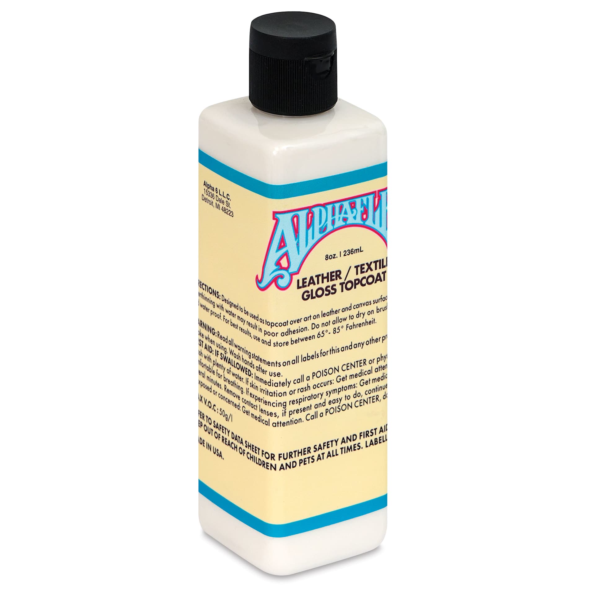 Alpha6 AlphaFlex Leather and Textile Top Coat - Gloss, 8 oz front of packaging, angled view