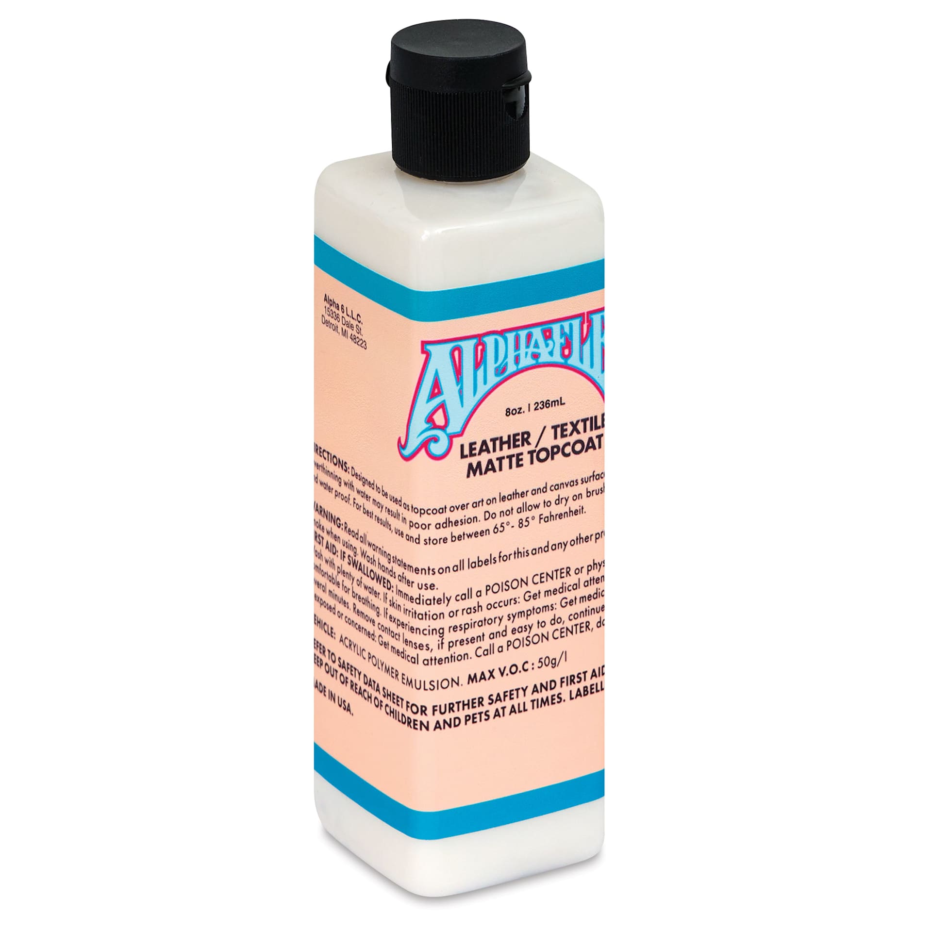 Alpha6 AlphaFlex Leather and Textile Top Coat - Matte, 8 oz front of packaging, angled view