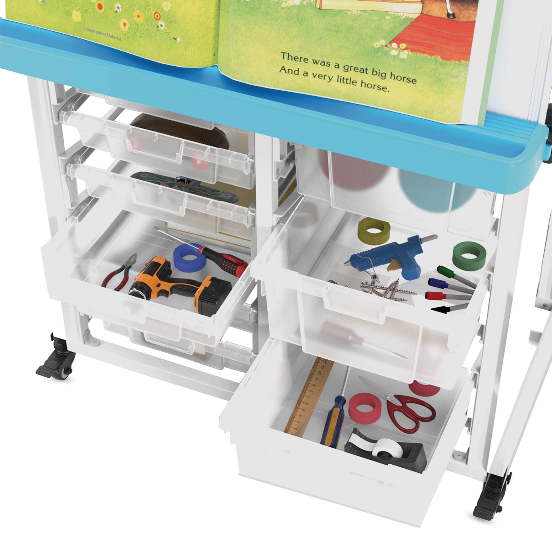 Luxor Modular Teacher Easel with Storage - close-up of tub drawers