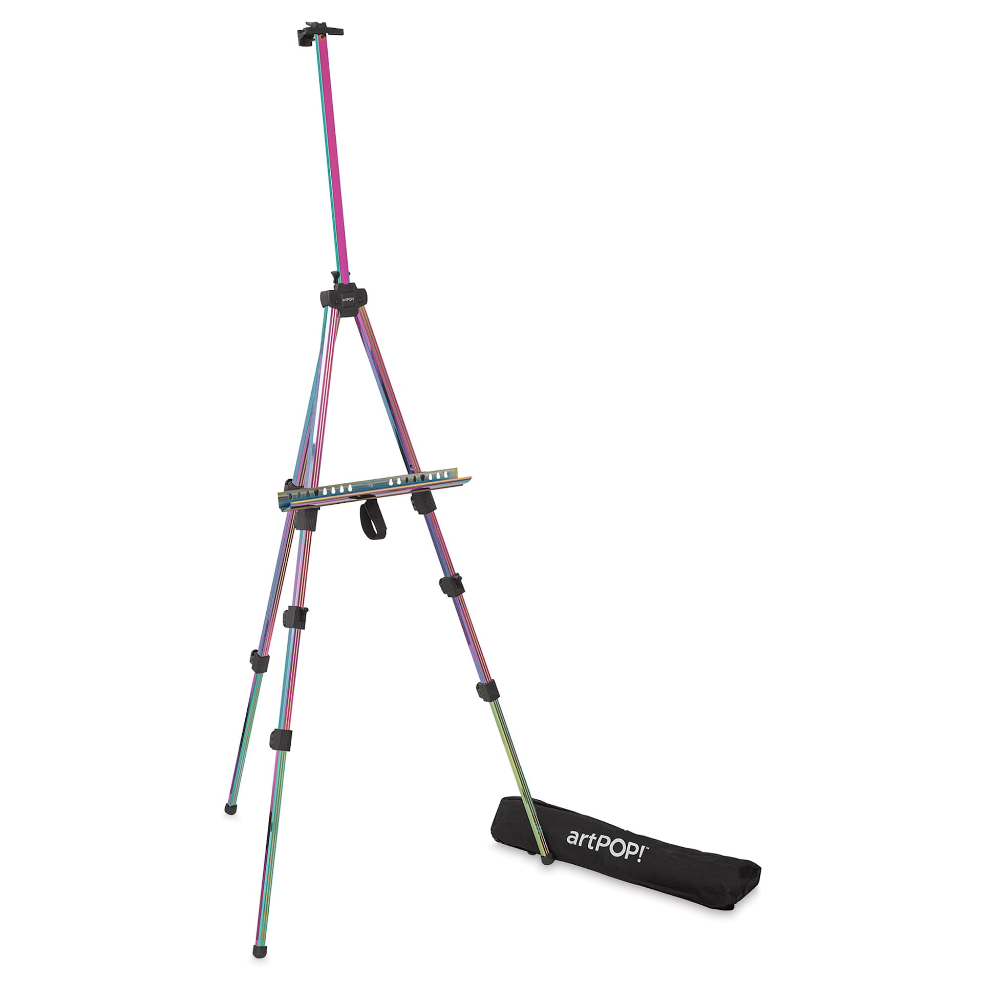 artPOP! Iridescent Tripod Floor Easel, unfolded and expanded easel next to storage bag