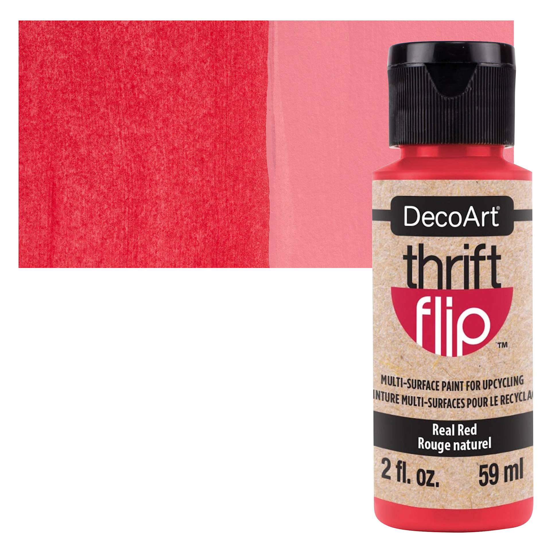DecoArt Thrift Flip Multi-Surface Paint - Real Red, 2 oz bottle and swatch