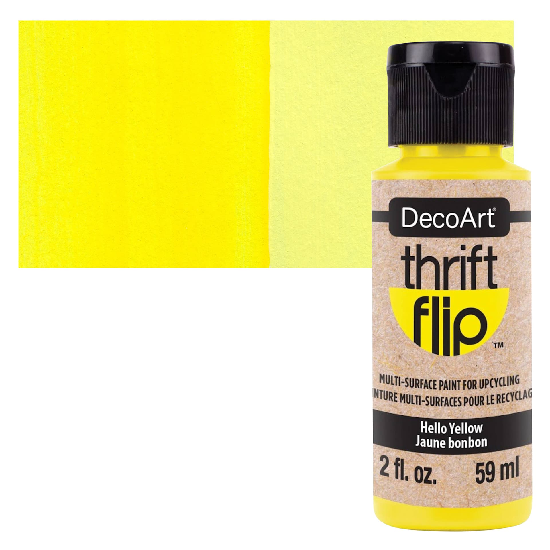 DecoArt Thrift Flip Multi-Surface Paint - Hello Yellow, 2 oz bottle and swatch