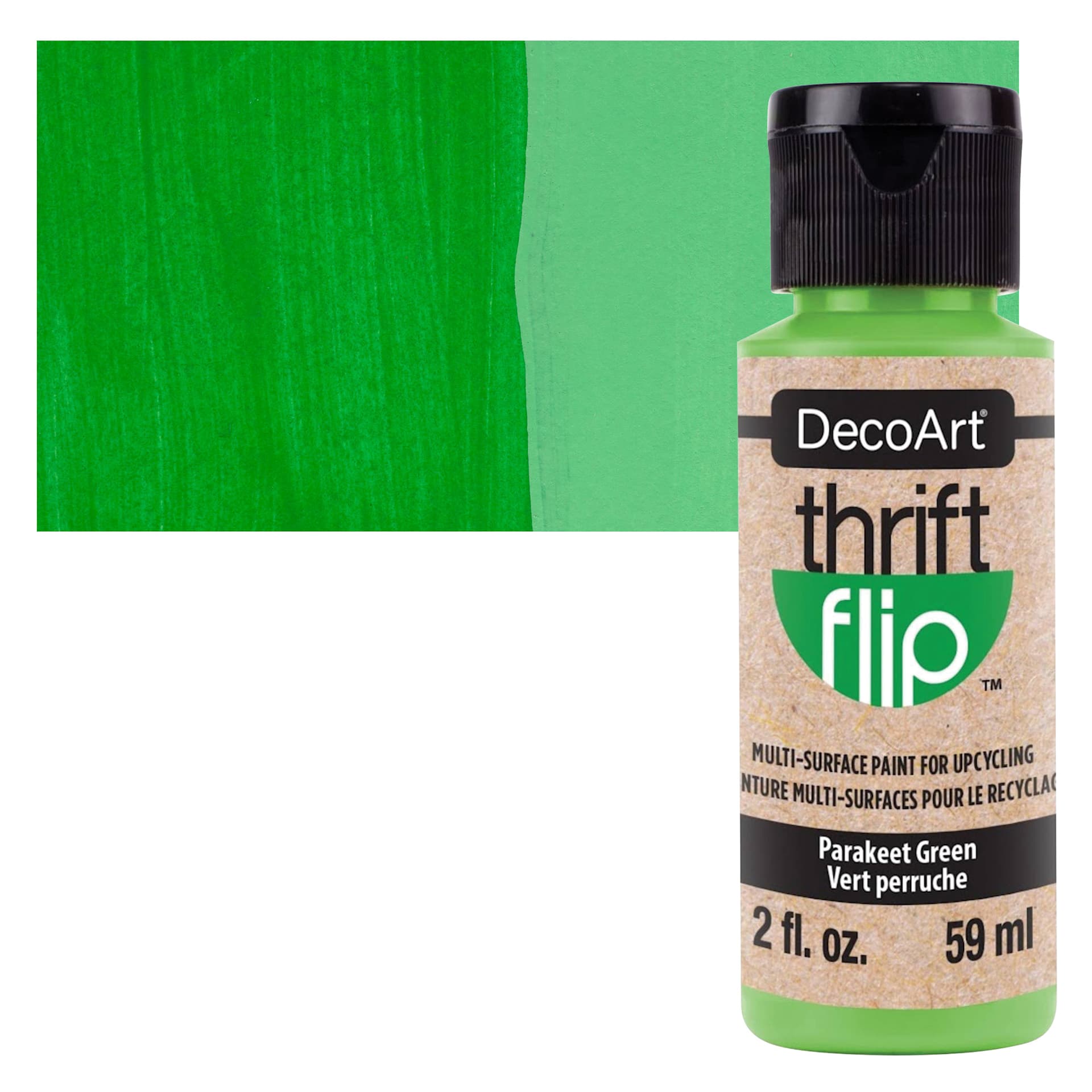 DecoArt Thrift Flip Multi-Surface Paint - Parakeet Green, 2 oz bottle and swatch