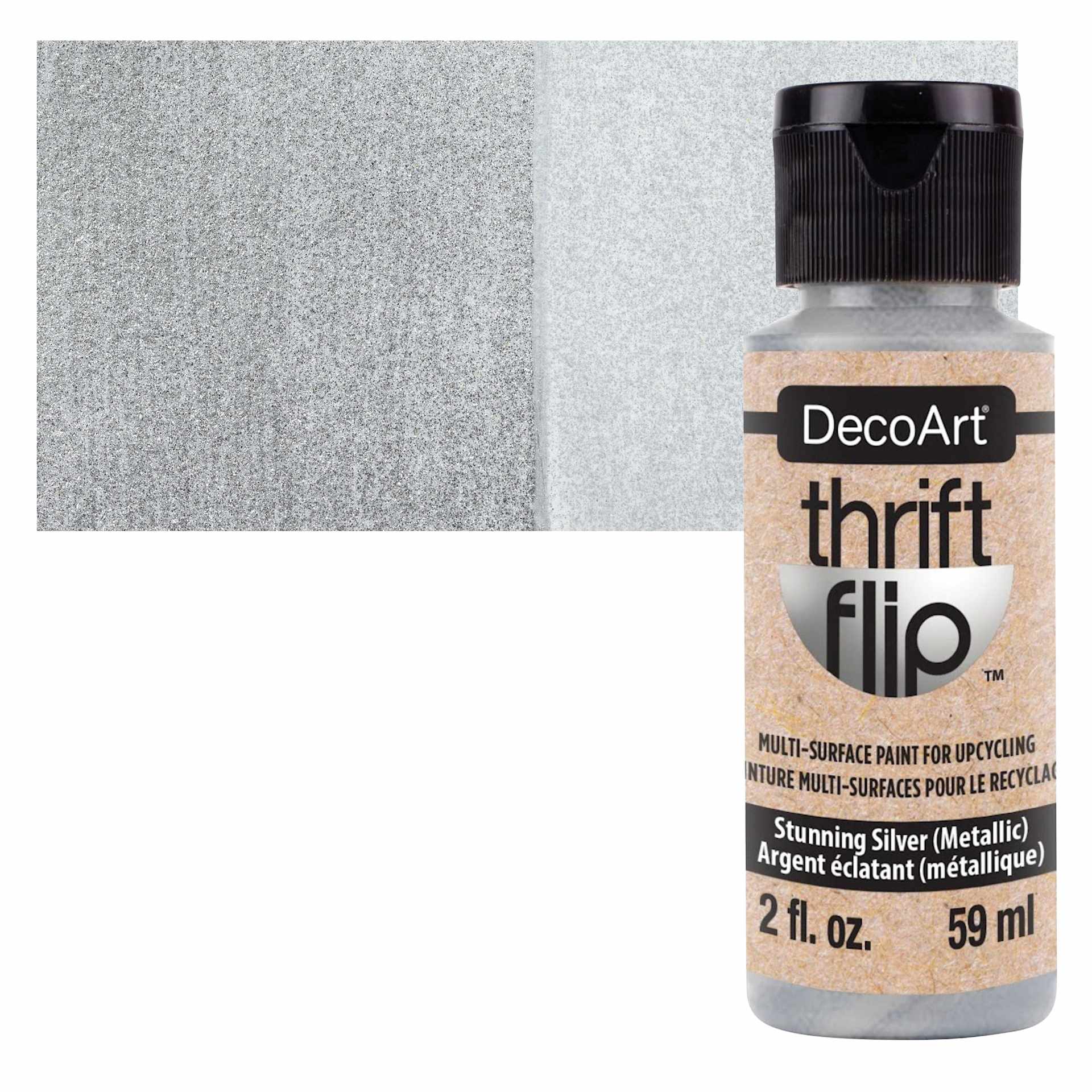 DecoArt Thrift Flip Multi-Surface Paint - Stunning Silver Metallic, 2 oz bottle and swatch