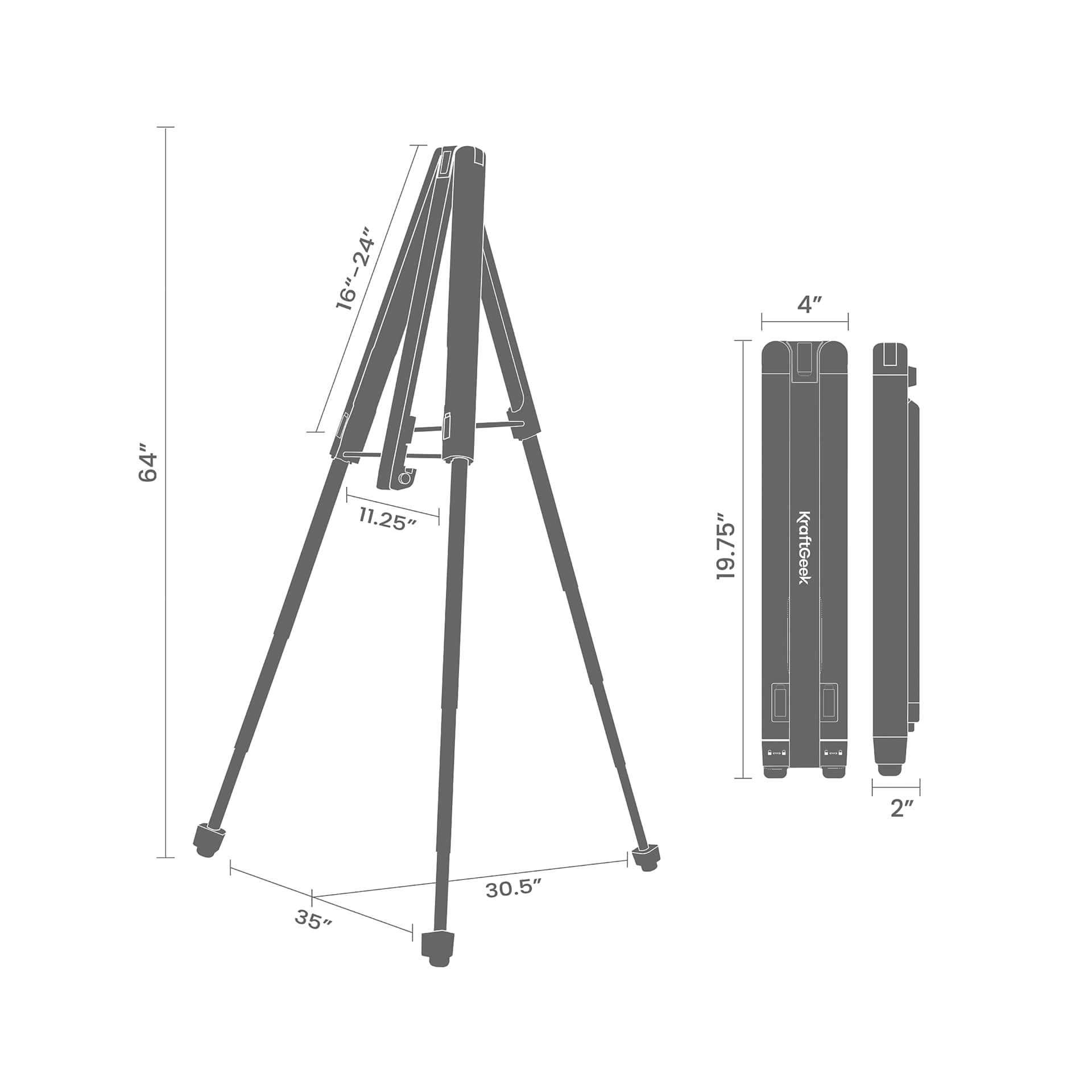 KraftGeek Easel with dimensions listed for fully extended and compact options