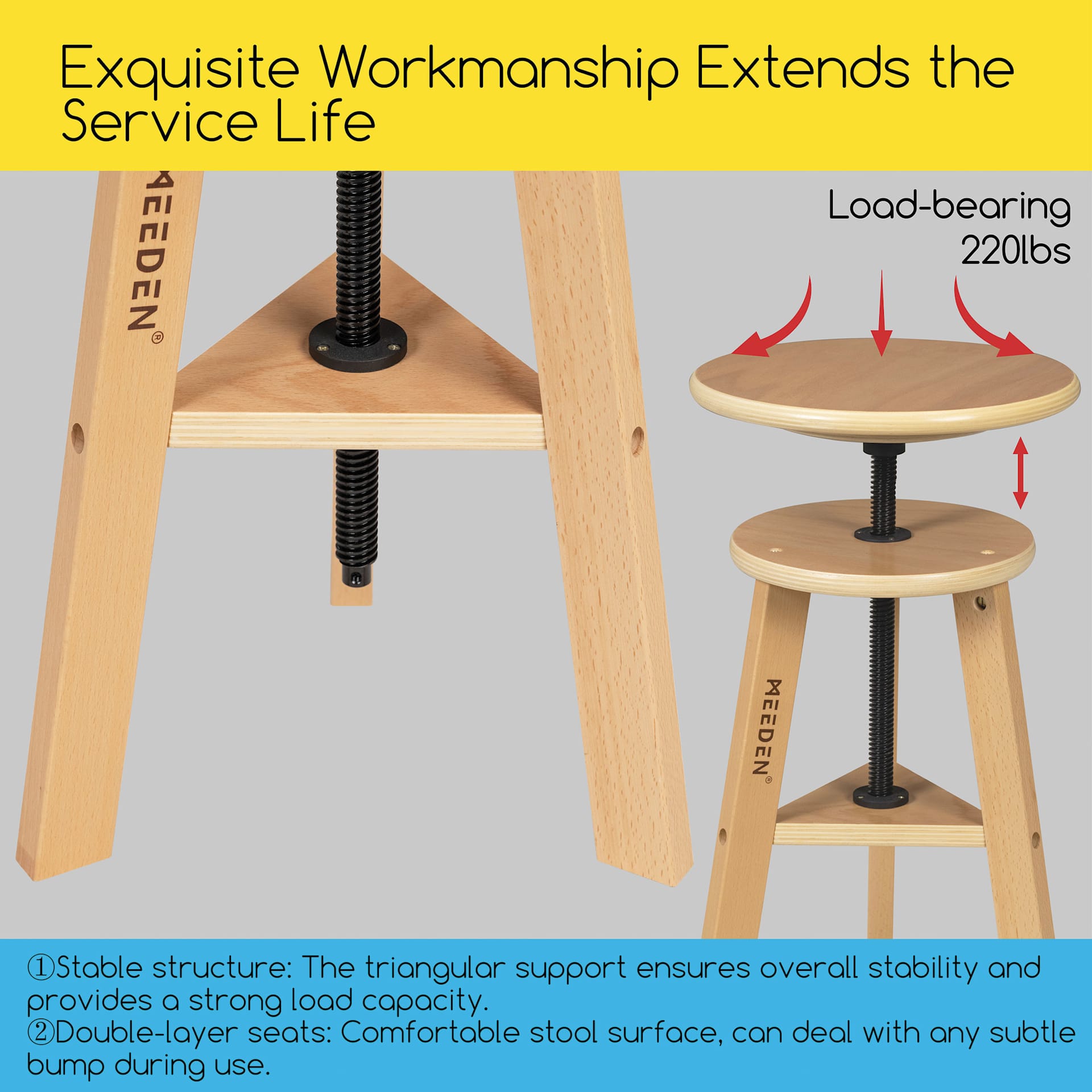 Meeden Adjustable Drafting Stool - 19" - 26" H, 12" Dia. - Exquisite Workmanship, Holds 220 lbs