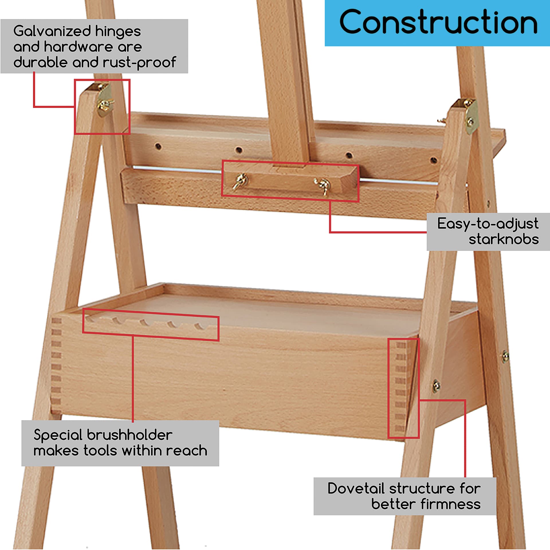 Meeden H-Frame Floor Easel with Storage - construction features