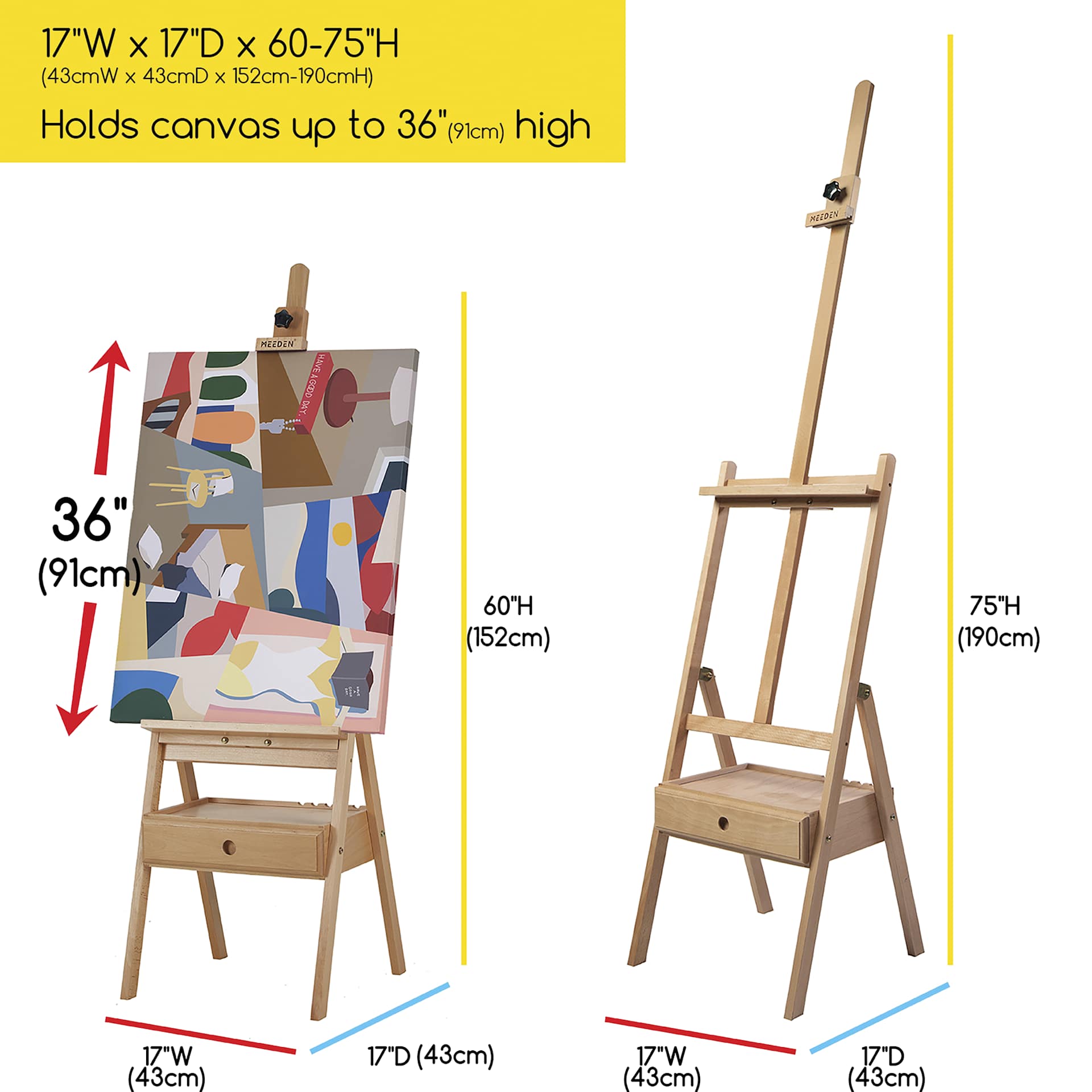 Meeden H-Frame Floor Easel with Storage - dimensions