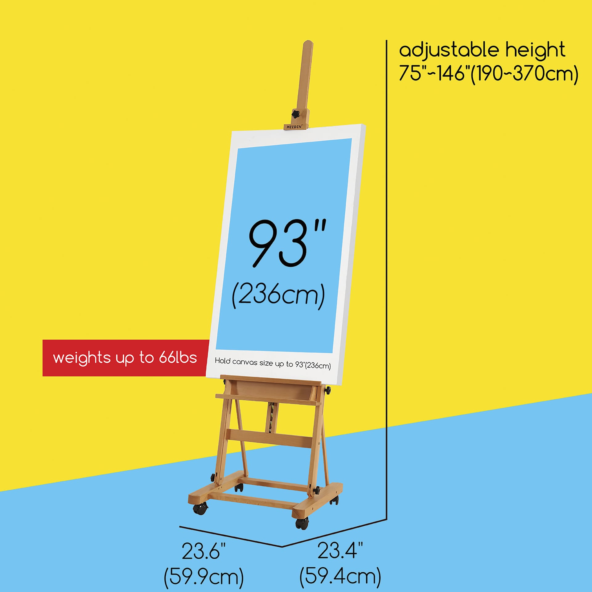 Holds canvases up to 93" (236 cm). Weights up to 66 lbs. Adjustable height 75" ~ 146" (190 ~ 370 cm). Base measures 23.6" (59.9 cm) x 23.4" (59.4 cm).