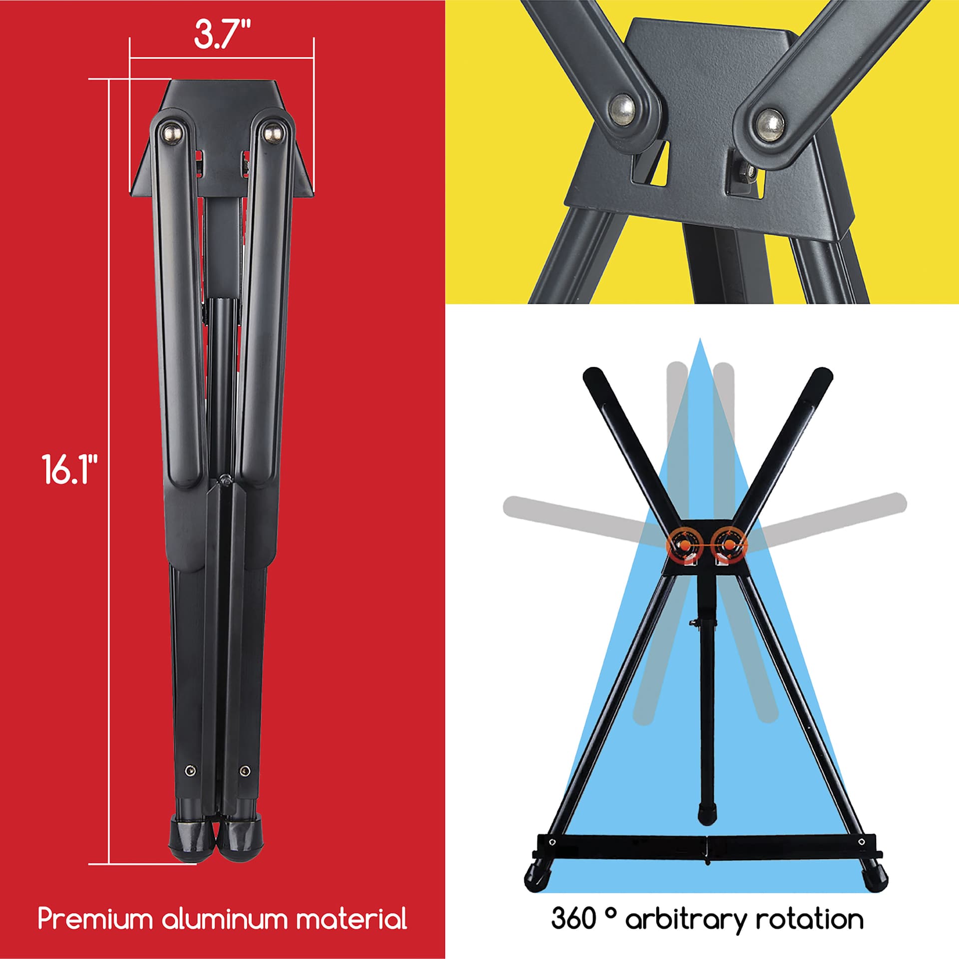Meeden Aluminum Tripod Tabletop Easel, featuring folded dimensions and rotation of the arms