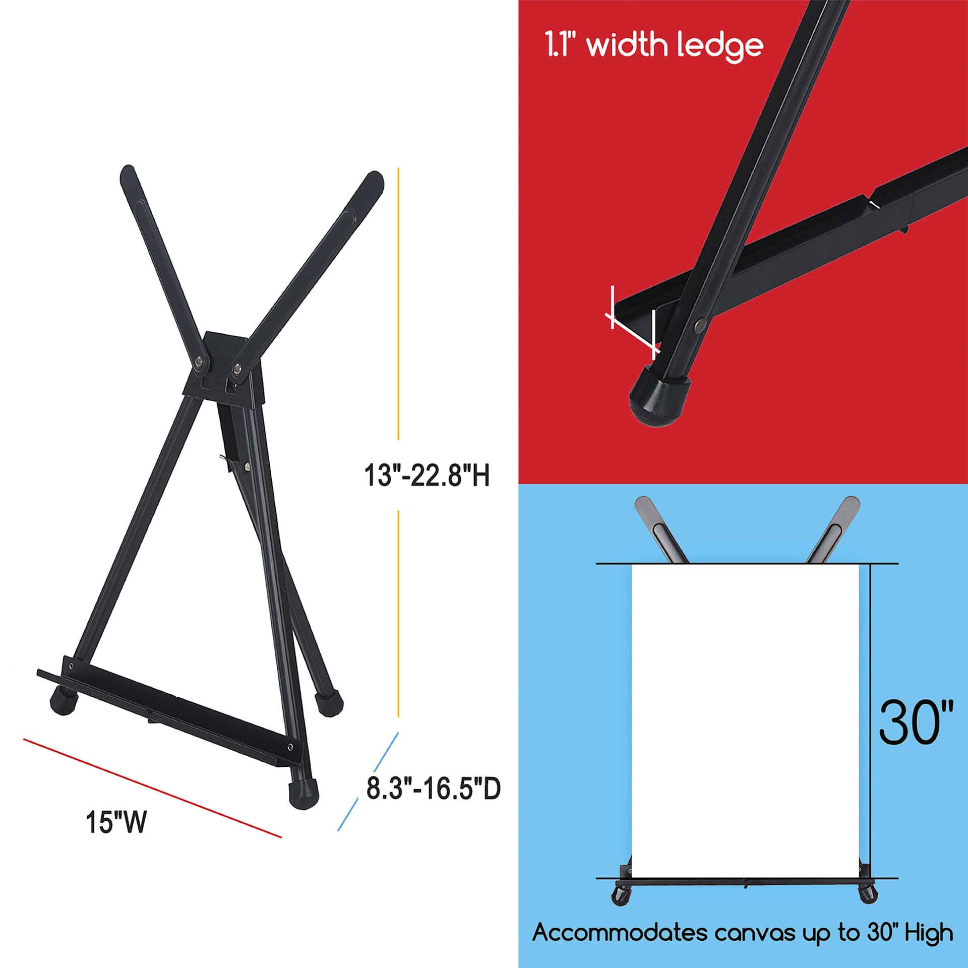 Meeden Aluminum Tripod Tabletop Easel, featuring dimensions