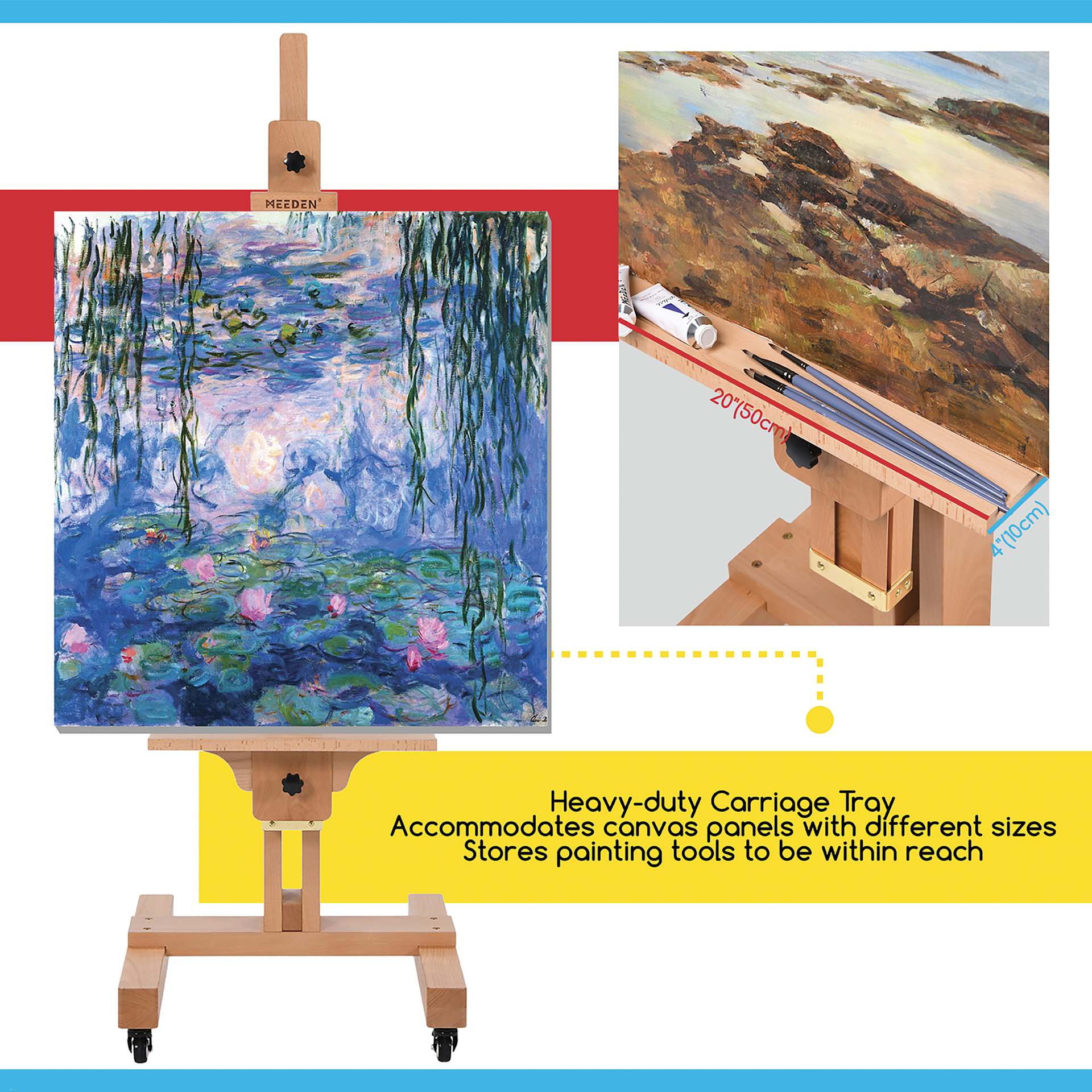 Meeden XL Adjustable Easel Stand - Heavy-Duty Carriage Tray