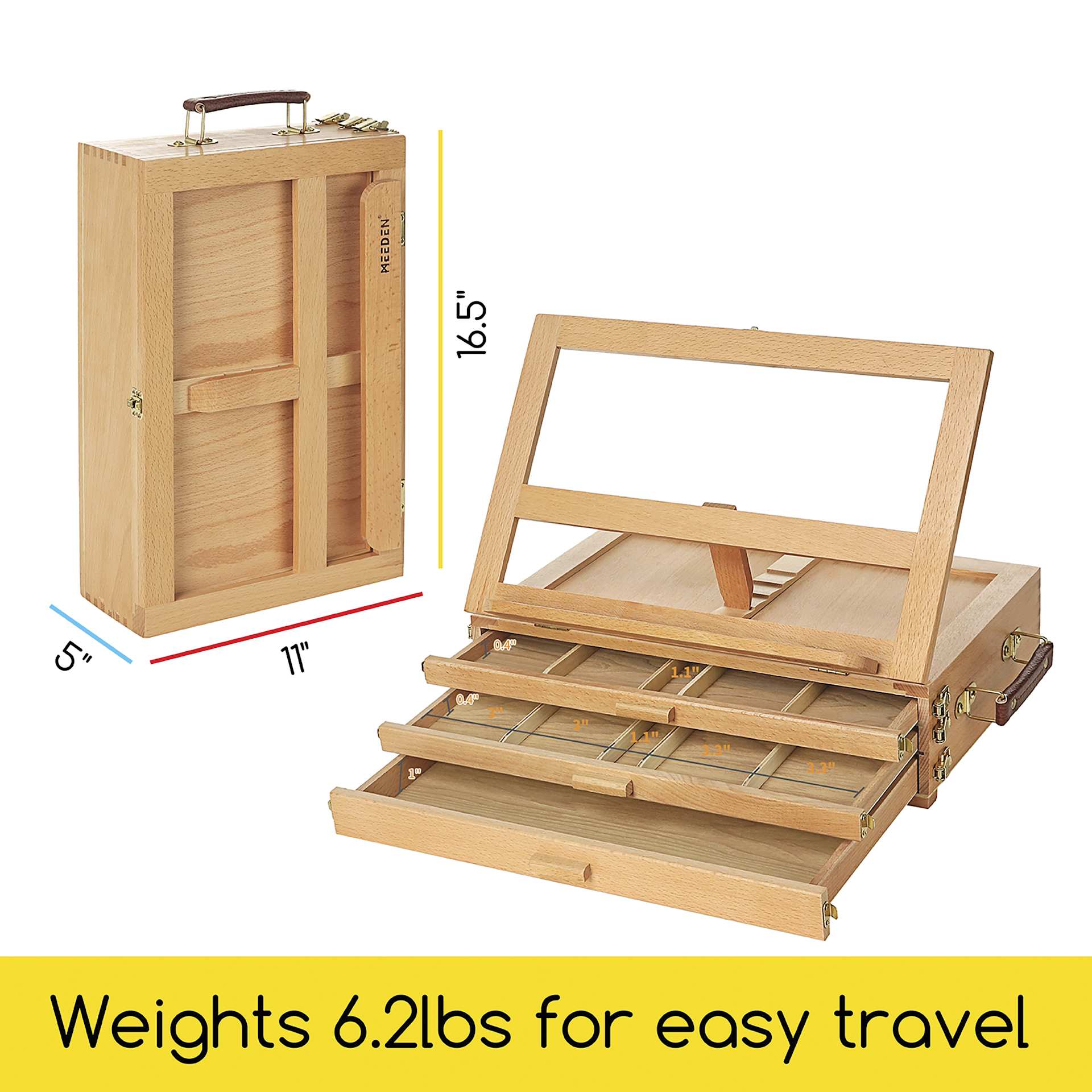 Meeden Adjustable Sketchbox Tabletop Easel open and closed with dimensions