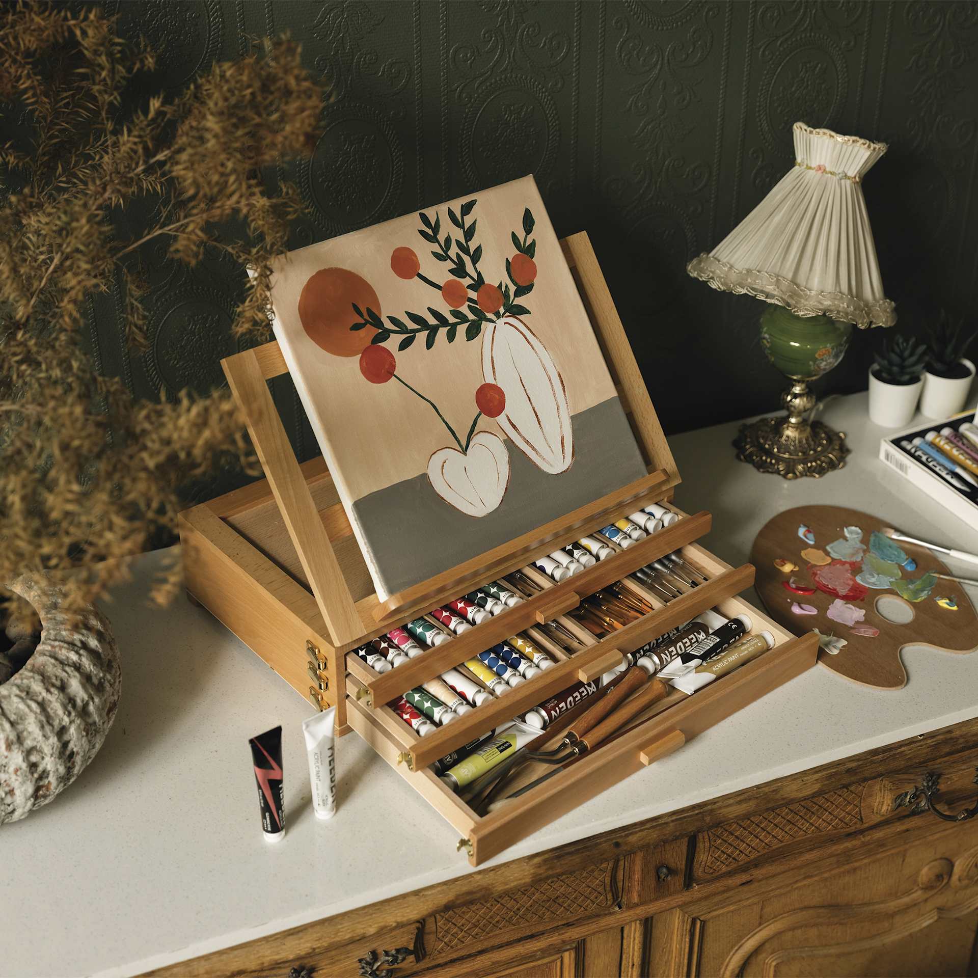 Meeden Adjustable Sketchbox Tabletop Easel with a painting and supplies (not included)