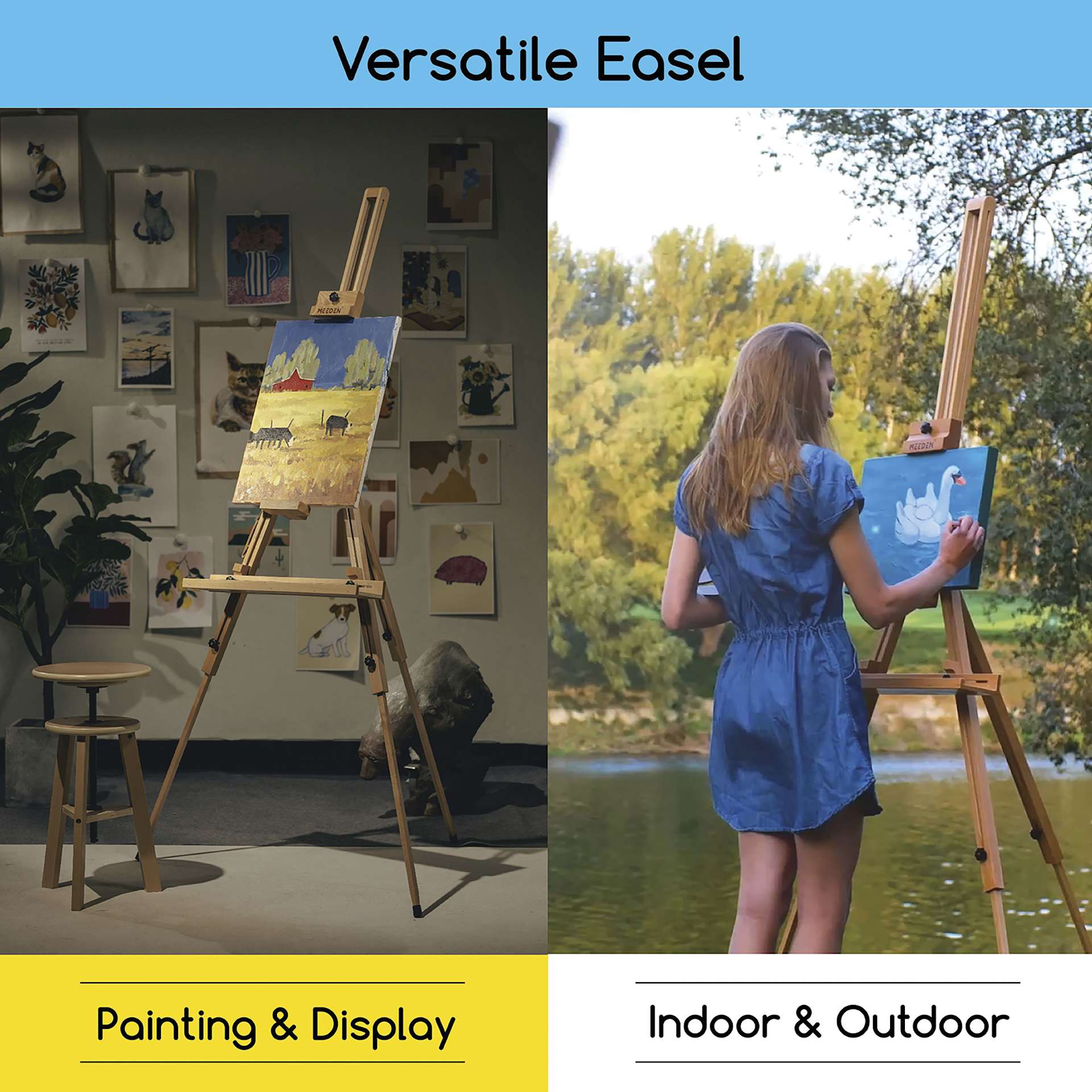 Meeden Tripod Plein Air Easel - 32” W x 35” D, 51" - 76" H - in use indoors and outdoors