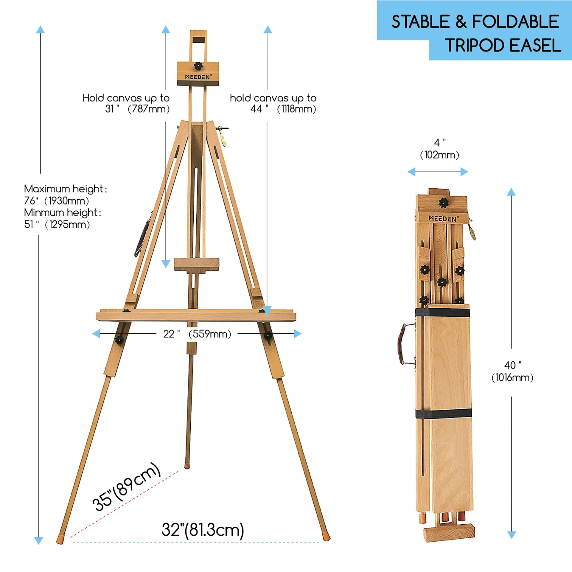 Meeden Tripod Plein Air Easel - 32” W x 35” D, 51" - 76" H - dimensions