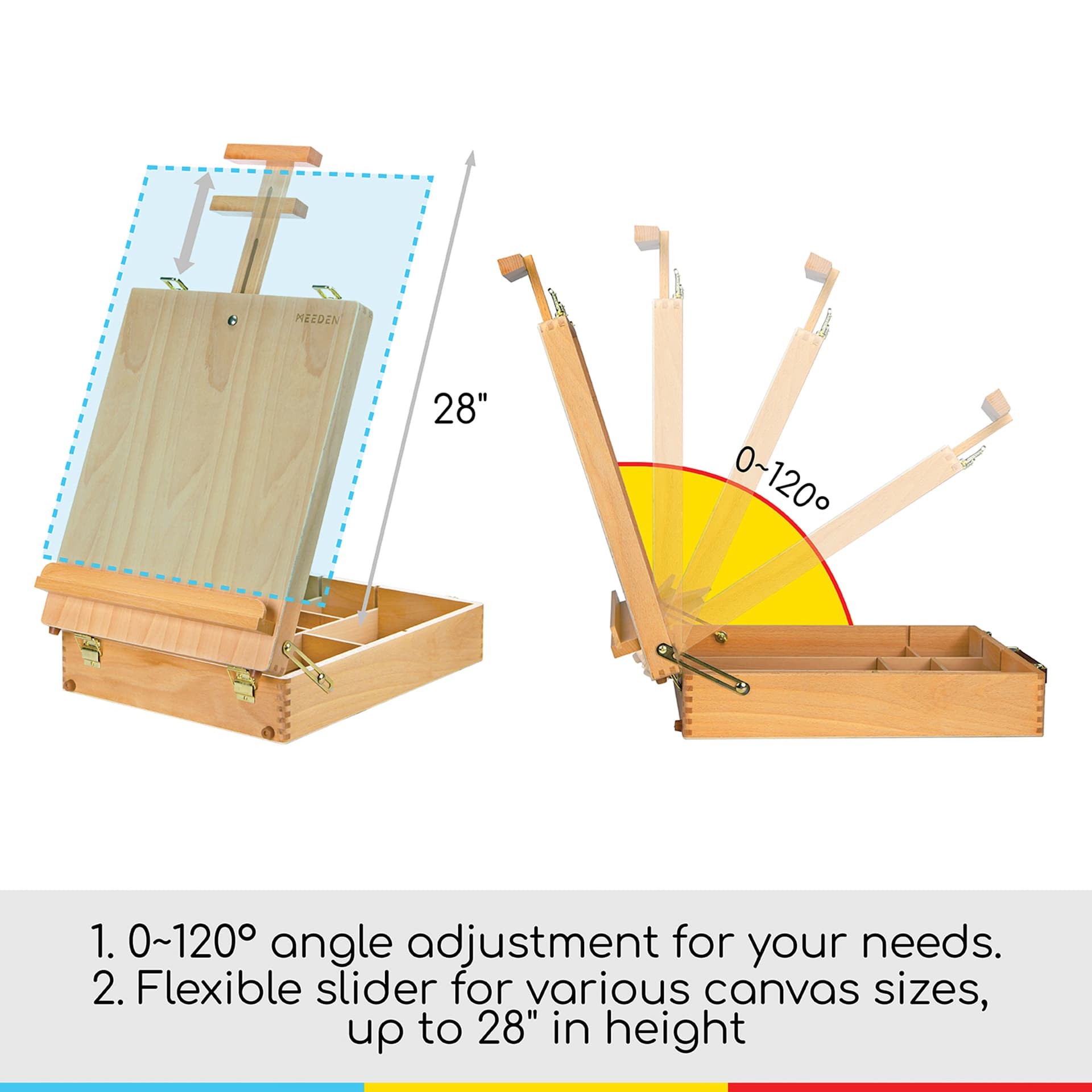 Meeden Extra-Large Tabletop Easel with 0–120-degree angle adjustment for your needs. Flexible sliders for various canvas sizes, up to 28" in height.