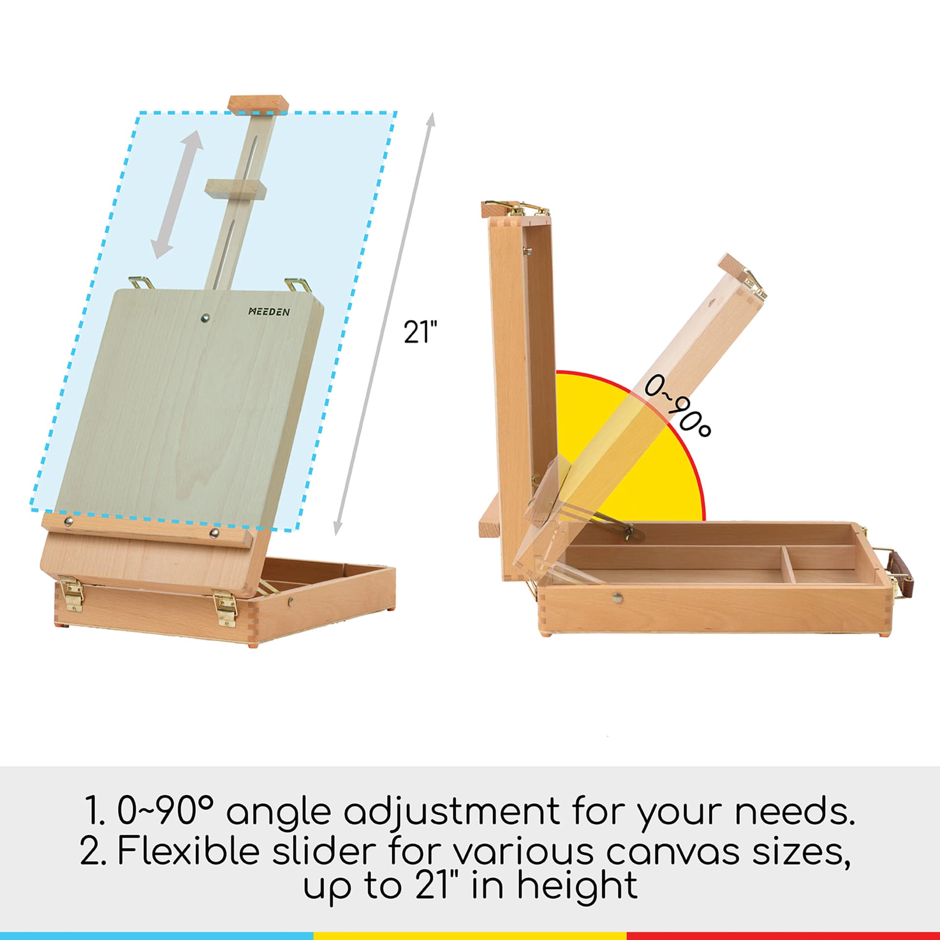 Meeden Wood Sketchbox Easel 0-90-degree angle adjustment for your needs. Flexible slider for various canvas sizes, up to 21" in height.