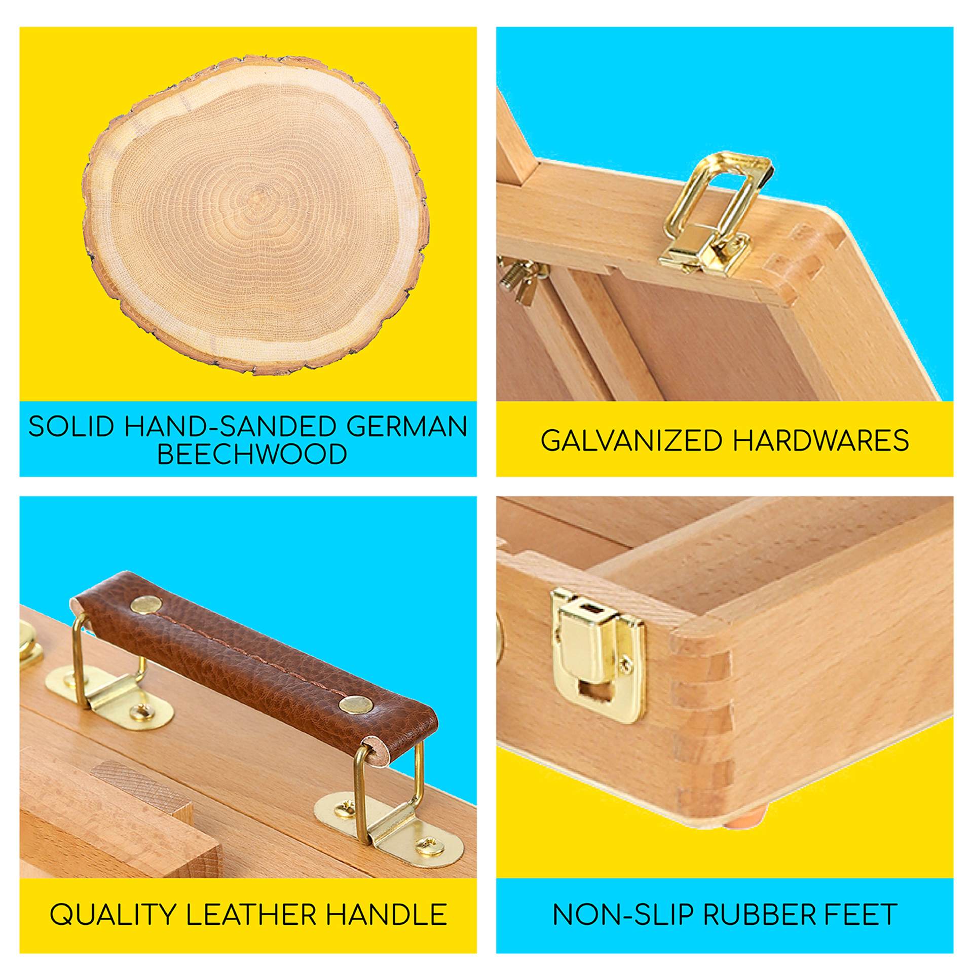 Meeden Wood Sketchbox Easel. Solid hand-sanded german beechwood. Galvanized hardware. Quality leather handle. Non-slip rubber feet.