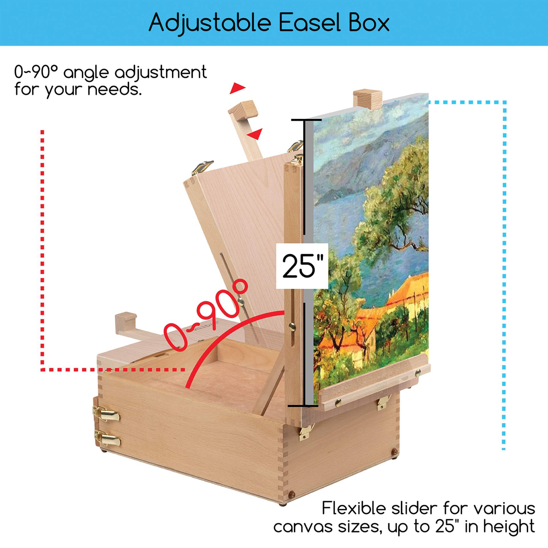 Adjustable Easel Box 0–90-degree angle adjustment for your needs. Flexible slider for various canvas sizes, up to 25" in height.