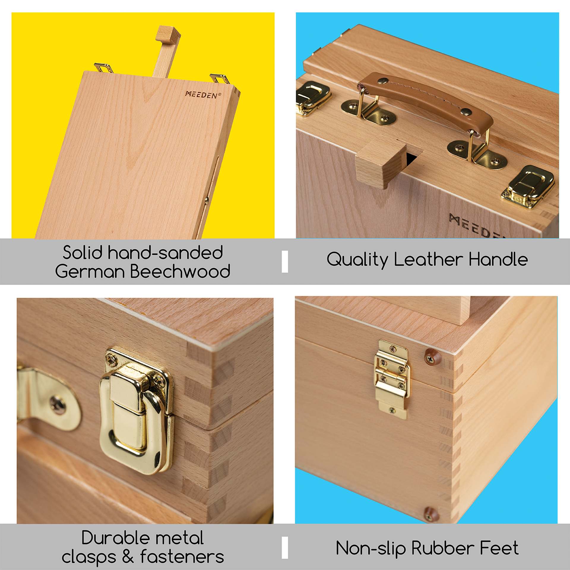 Meeden 2-Drawer Tabletop Sketchbox Easel. Solid hand-sanded German beechwood. Quality leather handle. Durable metal clasps and fasteners. Non-slip rubber feet. 