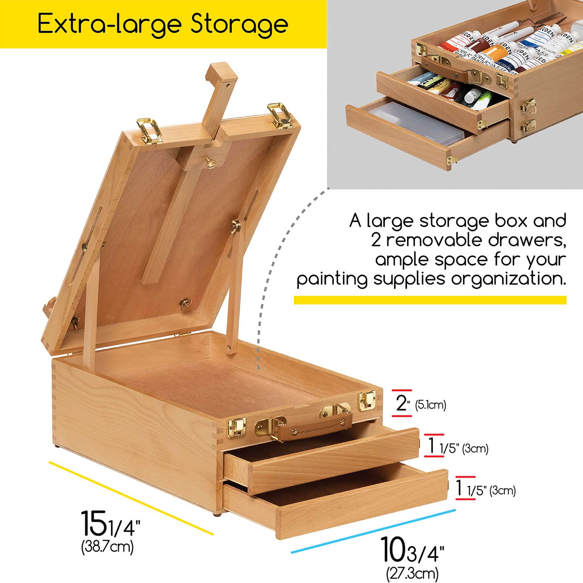 Meeden 2-Drawer Tabletop Sketchbox Easel, extra-large storage. A Large storage box with 2 removable drawers, ample space for your painting supplies organization.