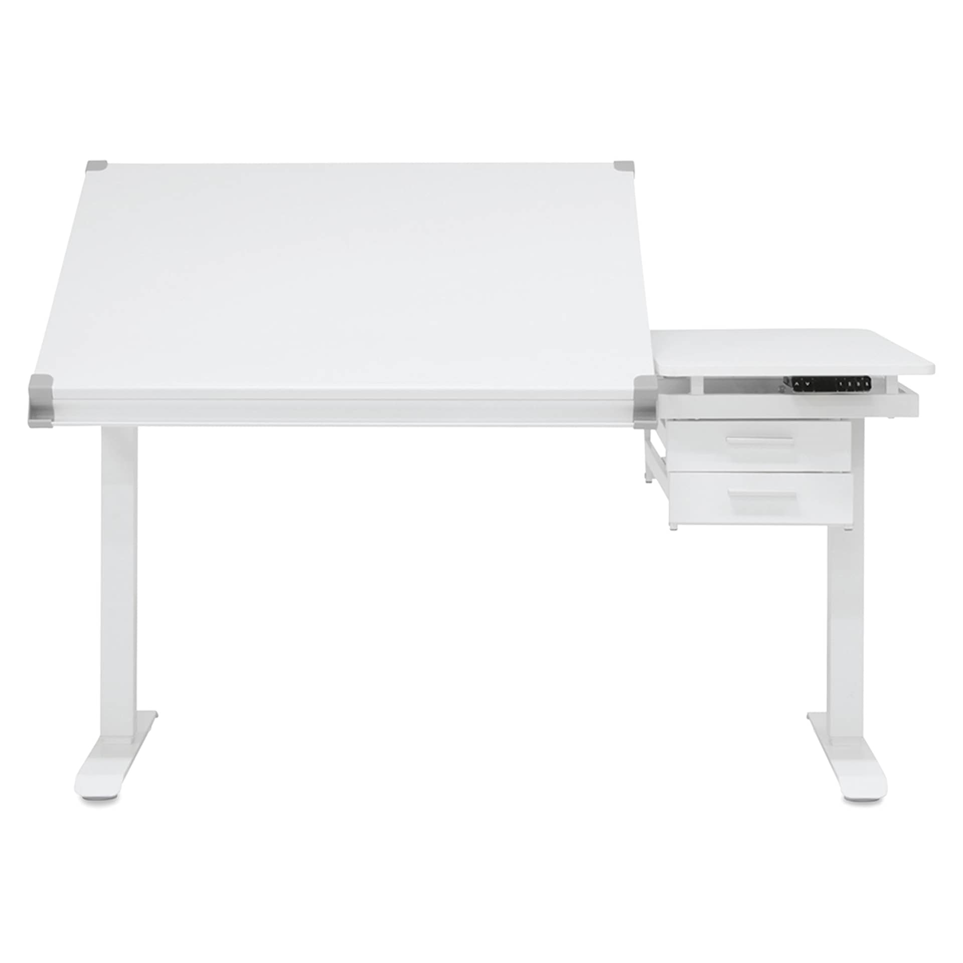Studio Designs Graphix E-Lift Workstation, front view with table top raised