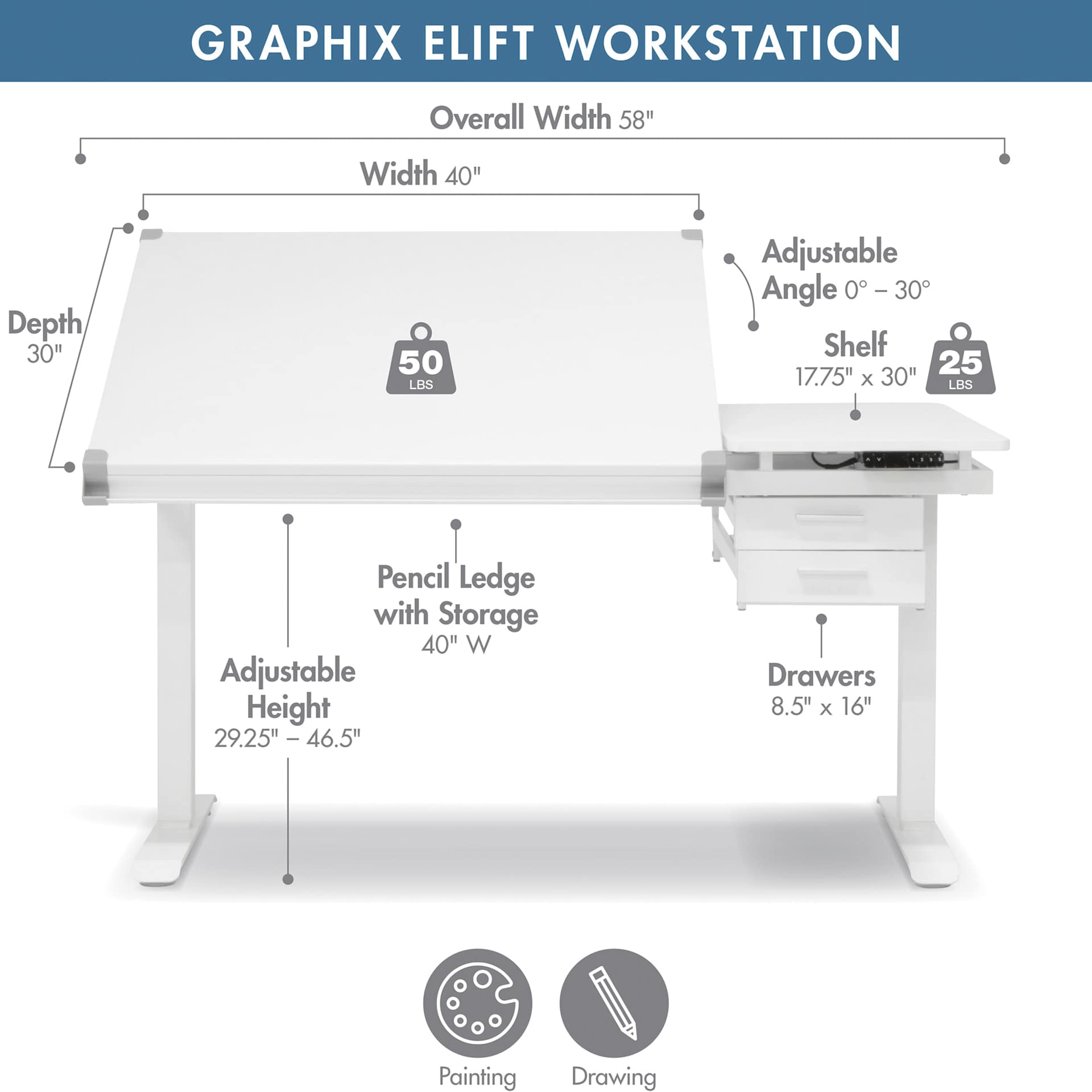 Studio Designs Graphix E-Lift Workstation, featuring dimensions of the workstation