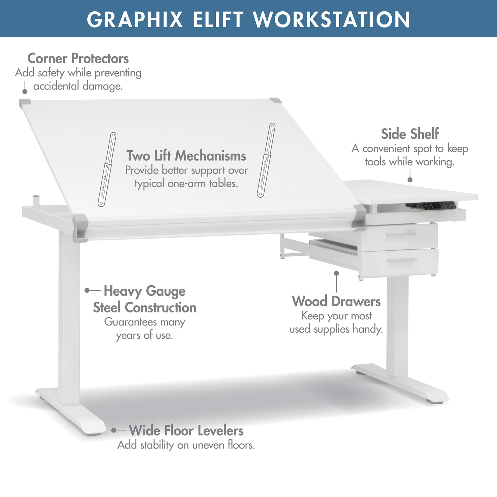 Studio Designs Graphix E-Lift Workstation, featuring details of the workstation