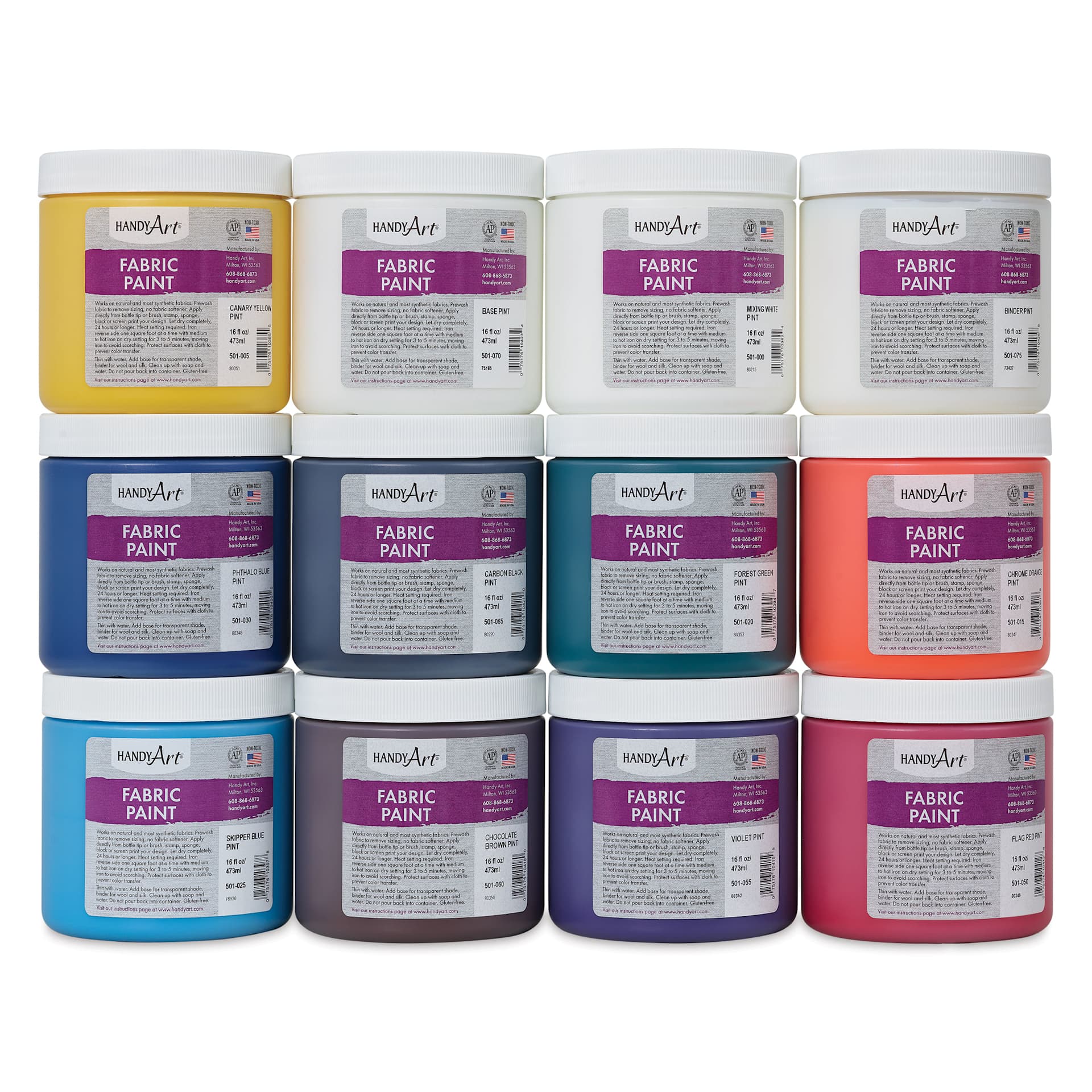 Handy Art Fabric Paint - Primary Set of 12, 16 oz - out of packaging