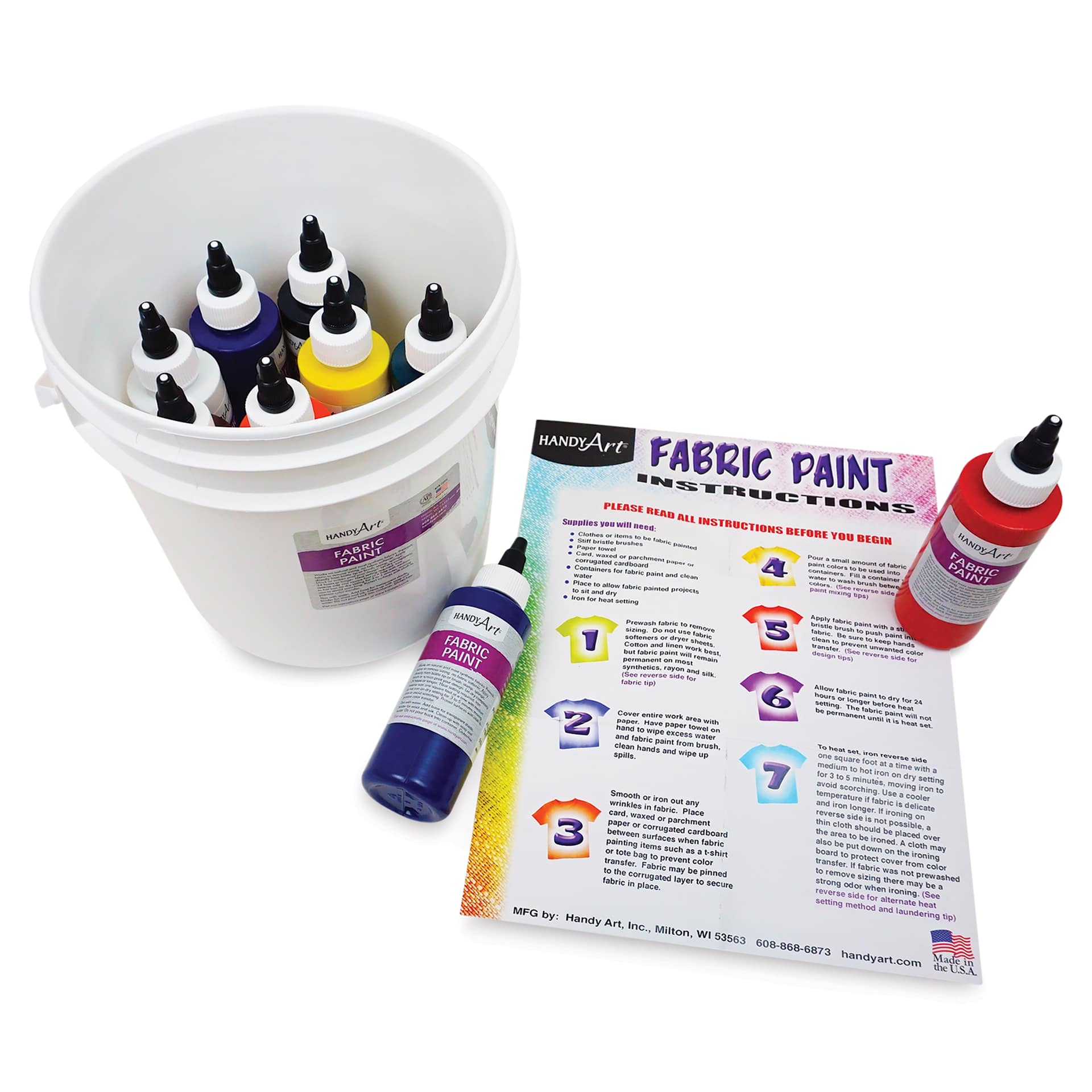 Handy Art Fabric Paint - Primary Set of 9 w/ Bucket, 4 oz contents including written instructions