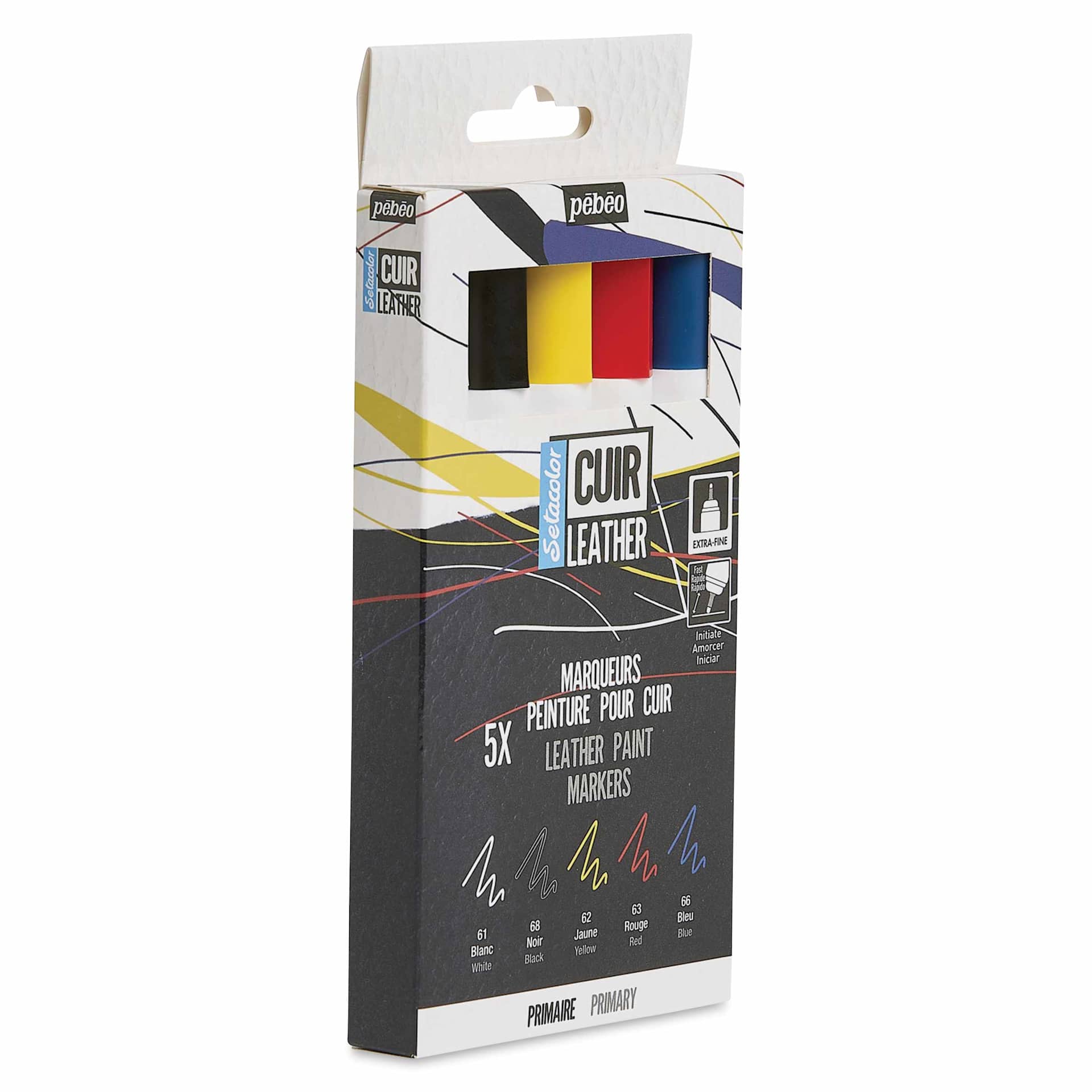 Pebeo Setacolor Leather Paint Markers - Set of 5, Primary Colors packaging angled view