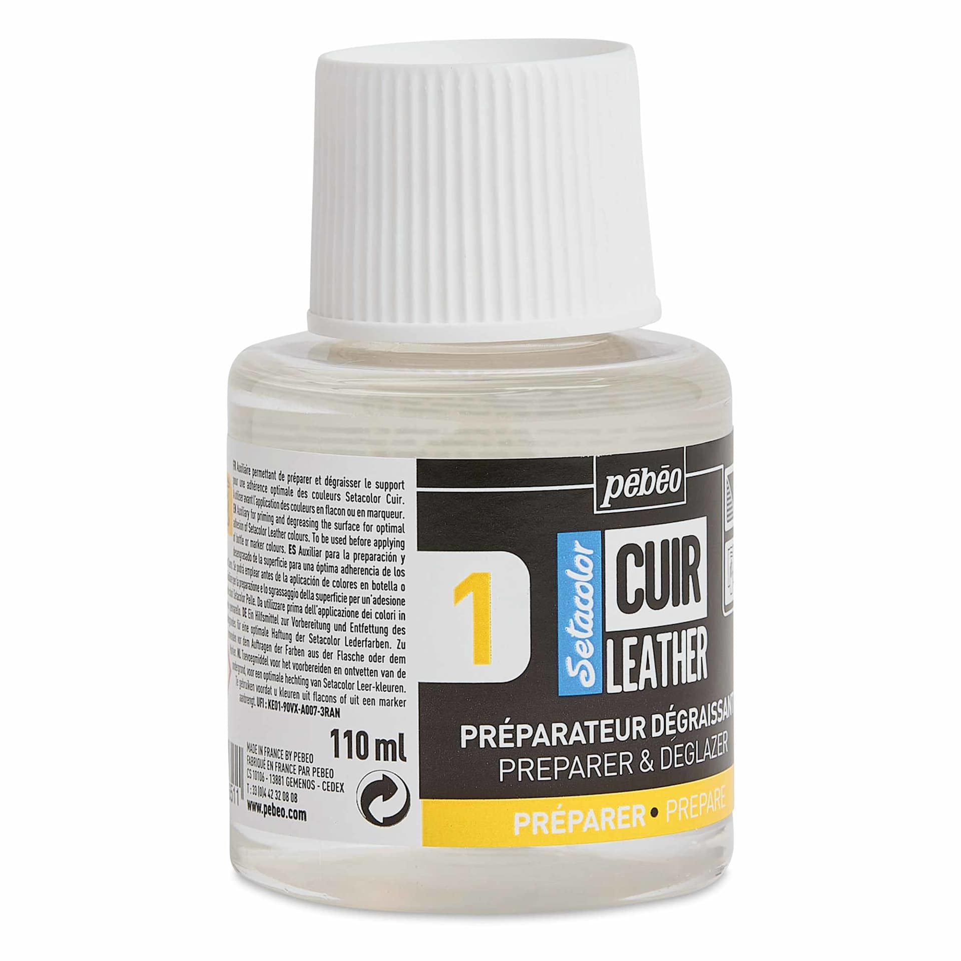 Pebeo Setacolor Leather Preparer & Deglazer - 110 ml Bottle showing left side of bottle