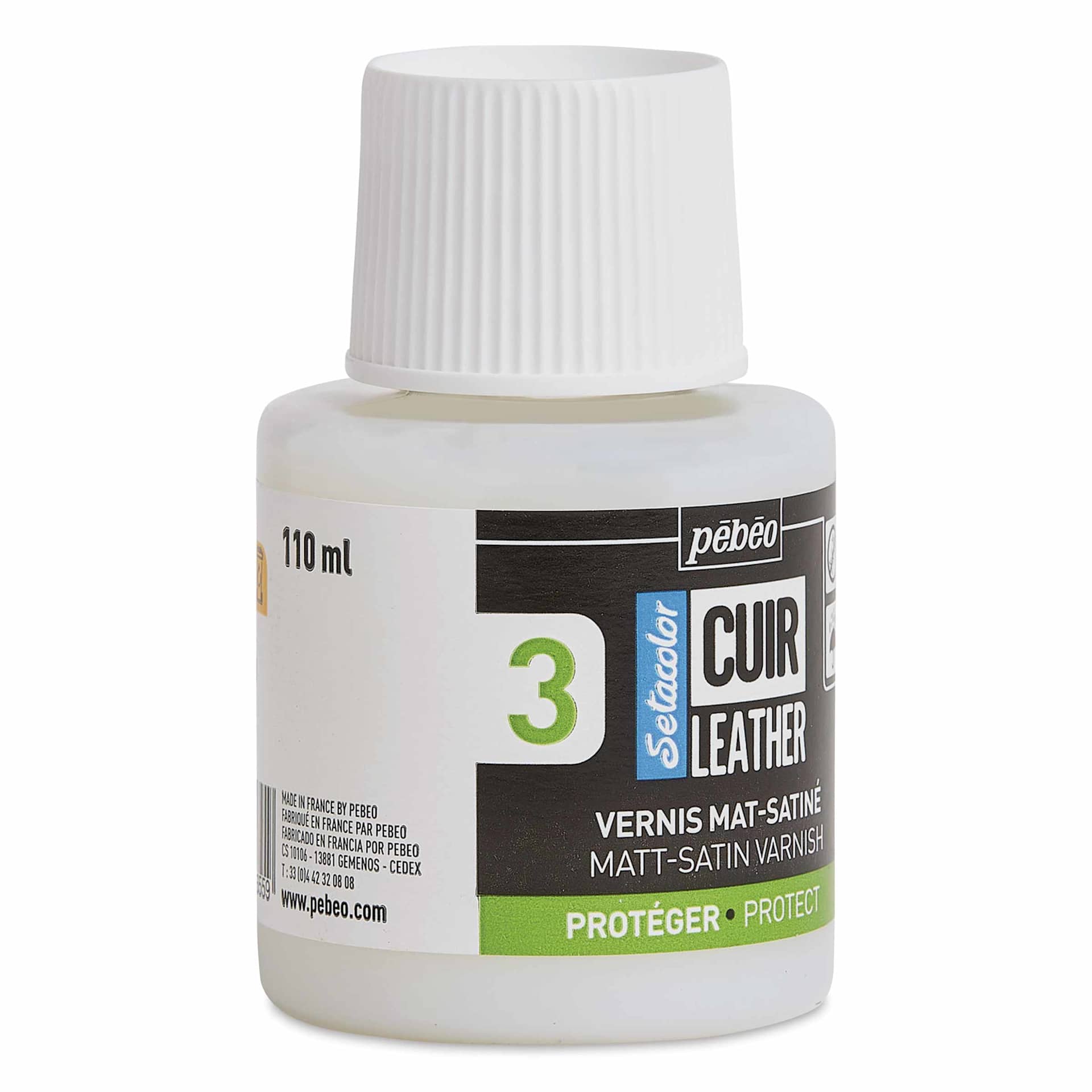 Pebeo Setacolor Leather Varnish - Matt-Satin, 110 ml Bottle left side of bottle