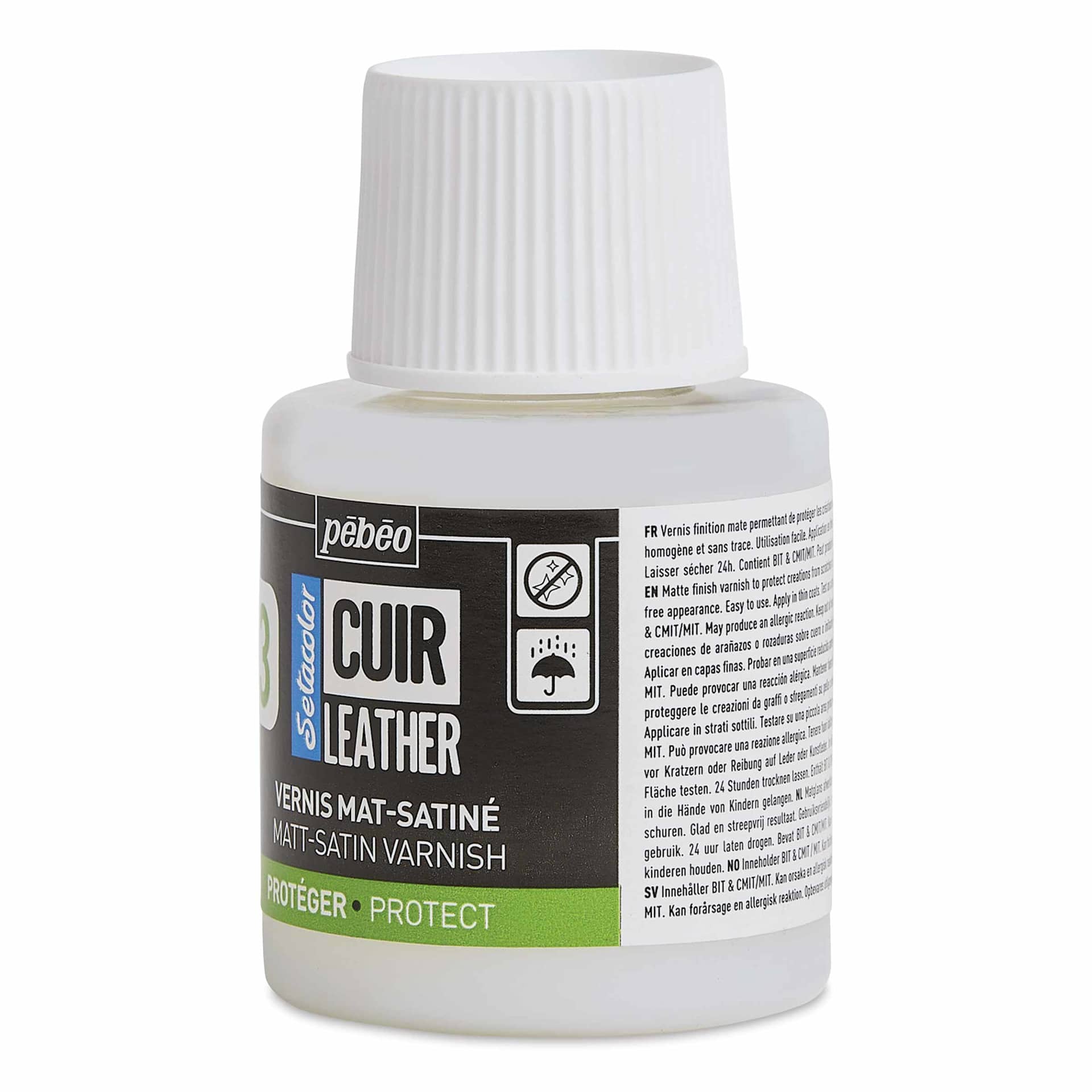 Pebeo Setacolor Leather Varnish - Matt-Satin, 110 ml Bottle right side of bottle