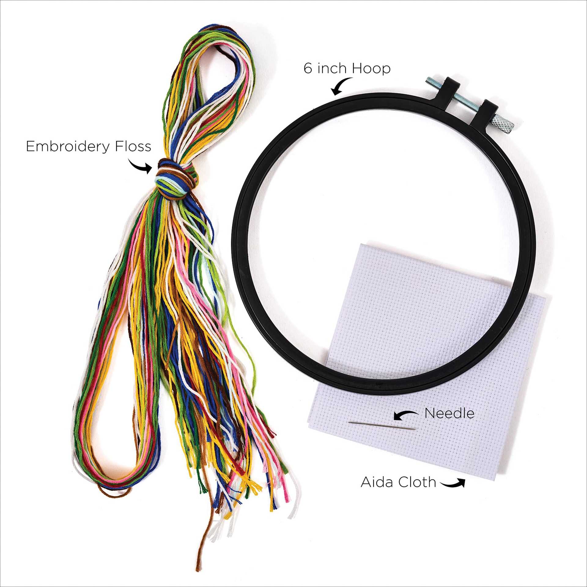 Embroidery Floss, 6 inch Hoop, Needle, and Aida Cloth
